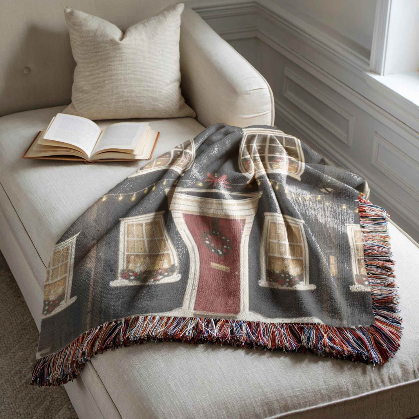 Christmas Throw Blanket – Cozy Woven Cotton Holiday Village Design Blanket - timelessbohochic.com