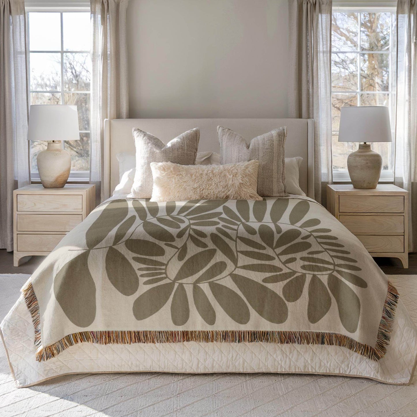 Woven Bedroom Blanket - Mid Century Modern Throw With Scandi Leaves Pattern | Cozy Home Decor - timelessbohochic.com