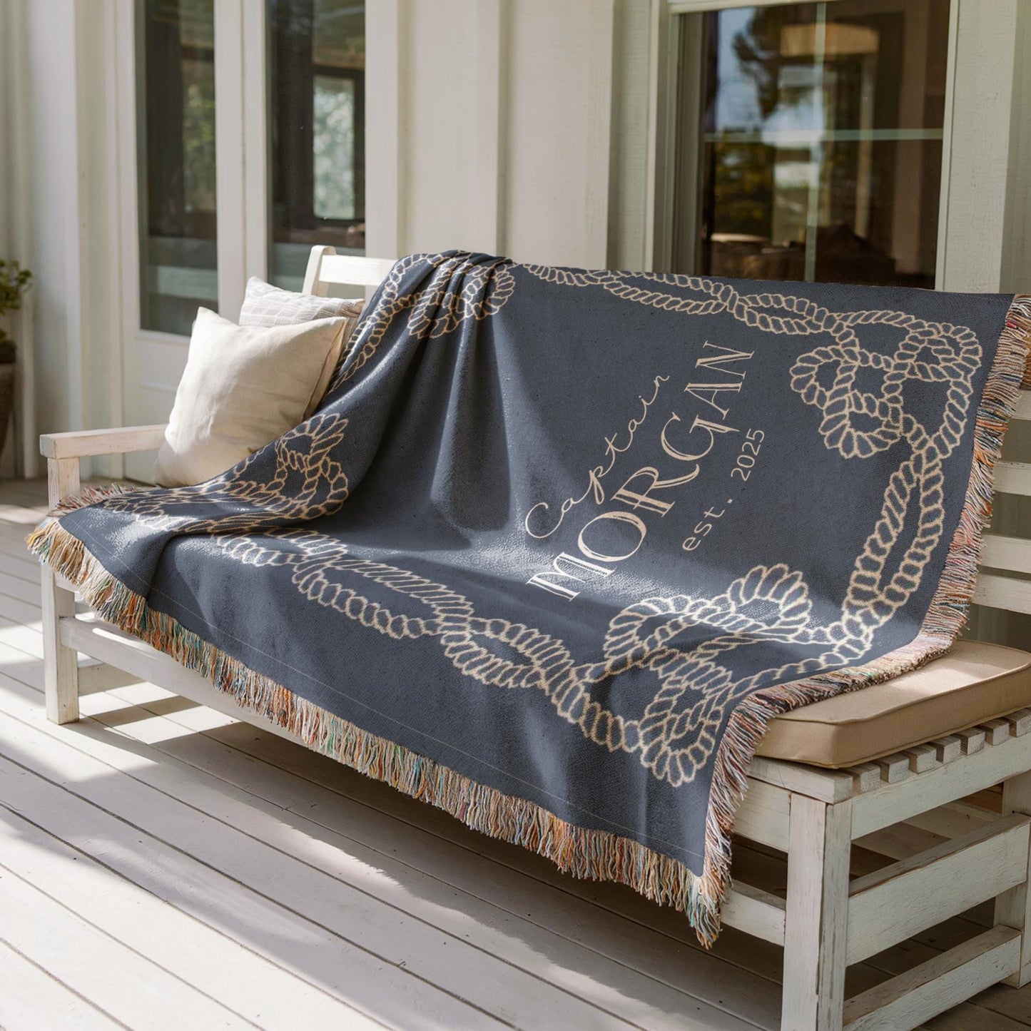 Marine Captain Blanket – Personalized Cotton Throw With Nautical Rope Knot Design