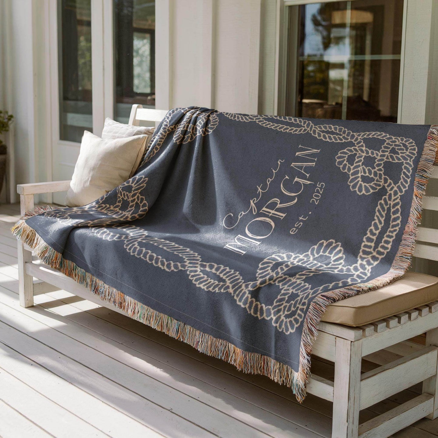 Marine Captain Blanket – Personalized Cotton Throw With Nautical Rope Knot Design - timelessbohochic.com