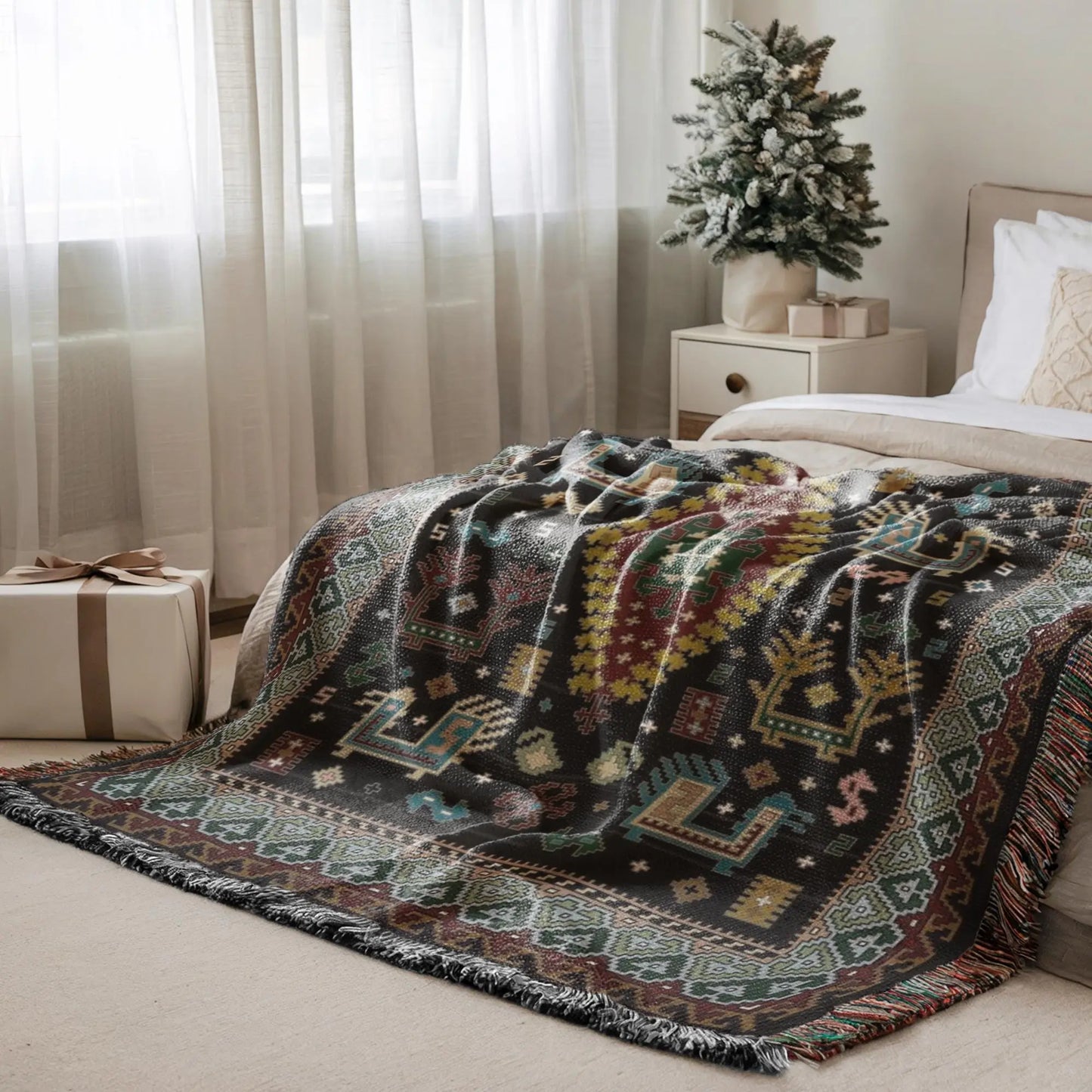 Bohemian Throw Blanket - Woven Cotton Caucasian Rug with Colorful Fringed Edges