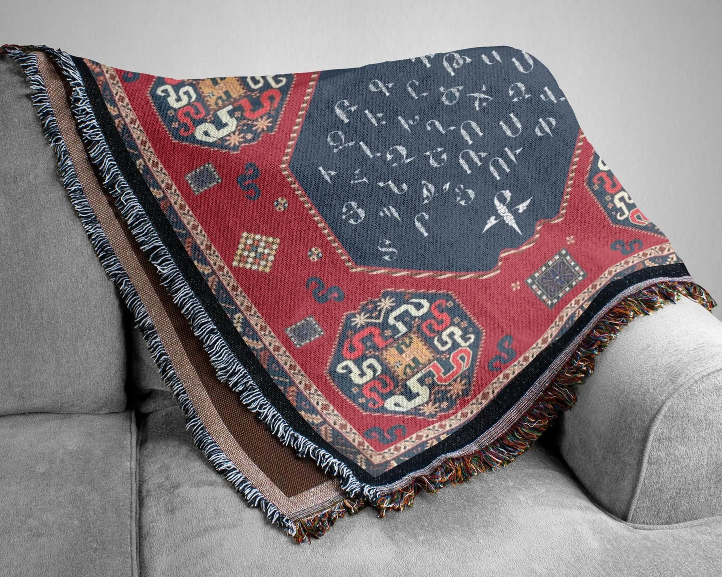 Armenian Alphabet Blanket - Woven Throw Blanket with Fringed Edges, Soft Cotton