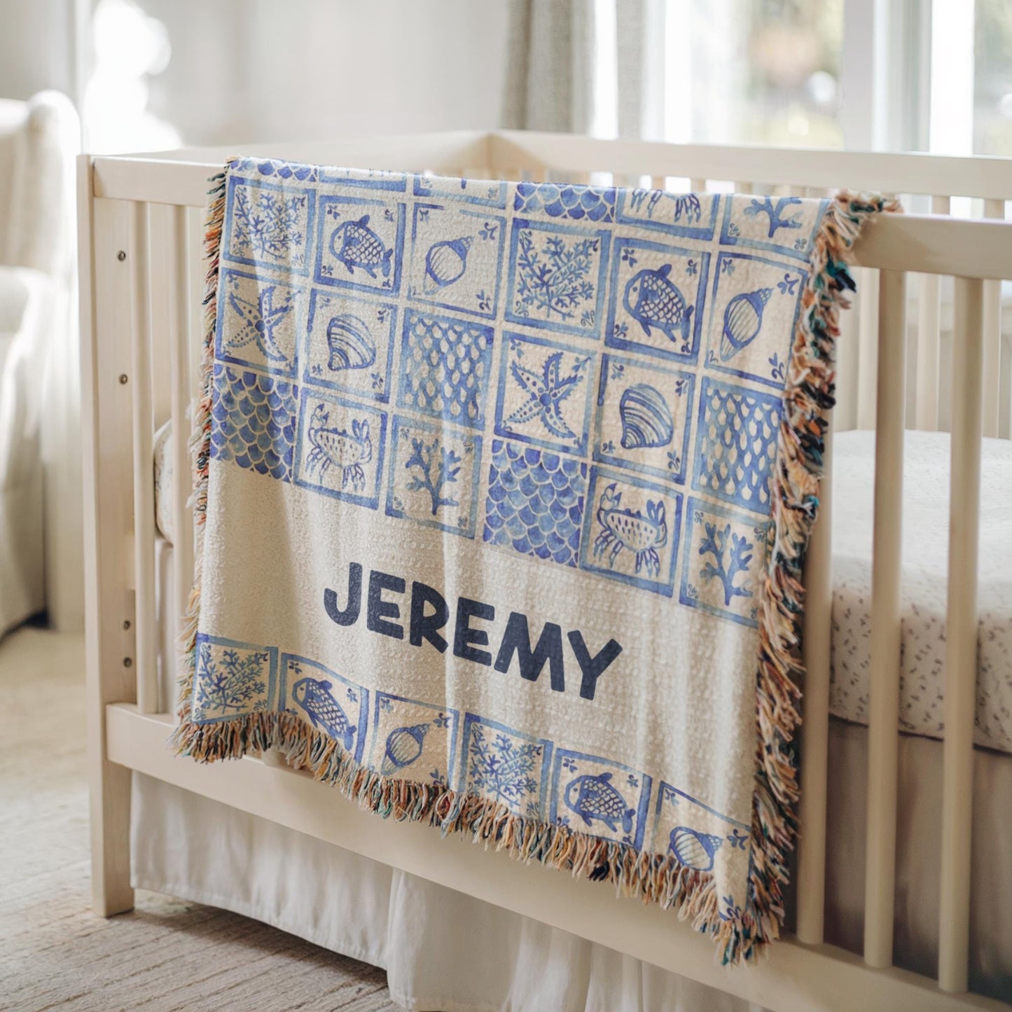 Woven Baby Blanket – Personalized Ocean Theme Patchwork Baby Shower Gift