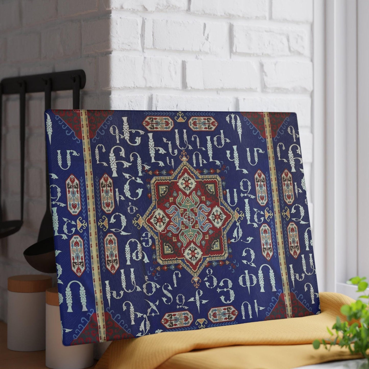 Armenian Glass Cutting Board – Blue White Alphabet Kitchen Decor | Tempered Glass, Non Slip