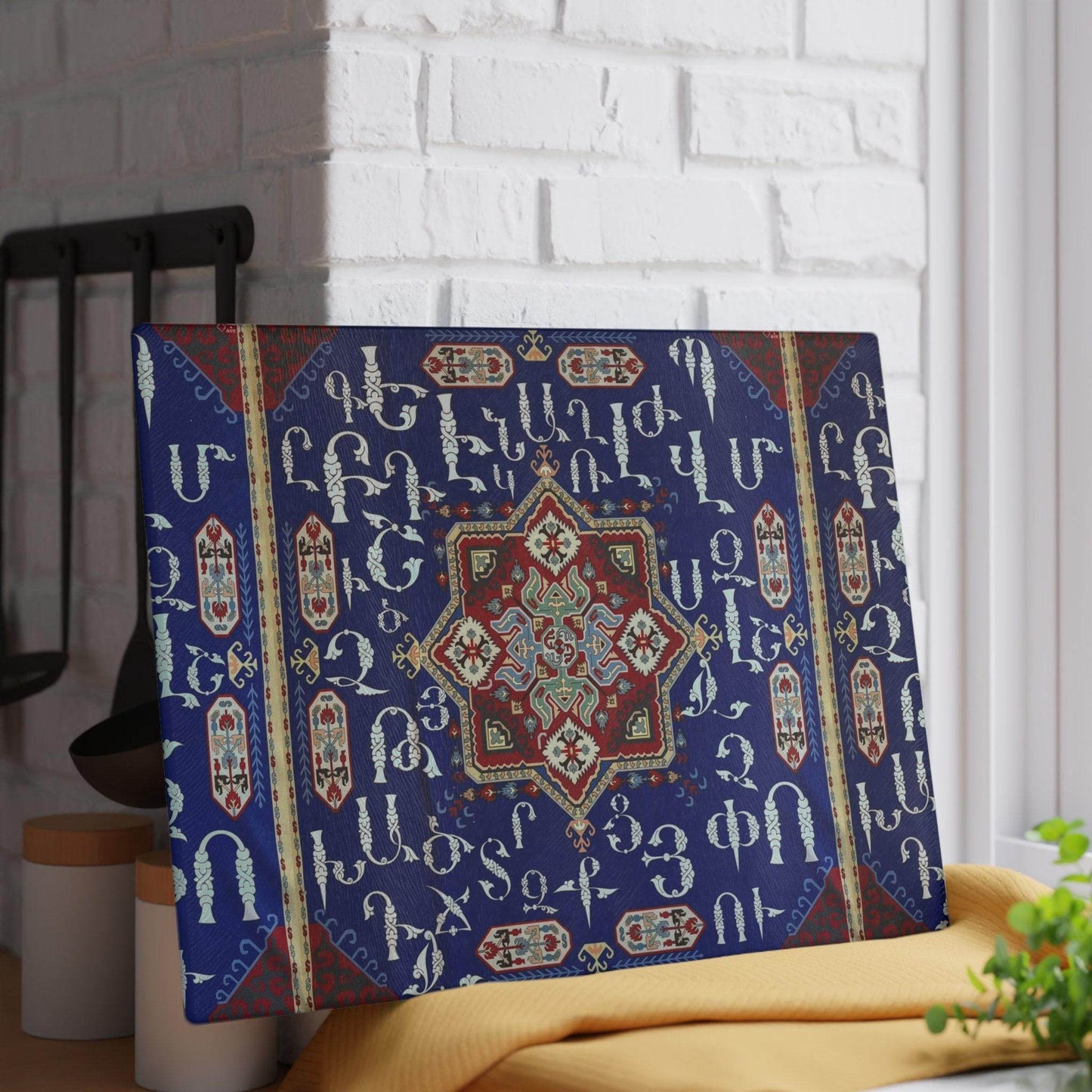 Armenian Glass Cutting Board – Blue White Alphabet Kitchen Decor | Tempered Glass, Non Slip - timelessbohochic.com
