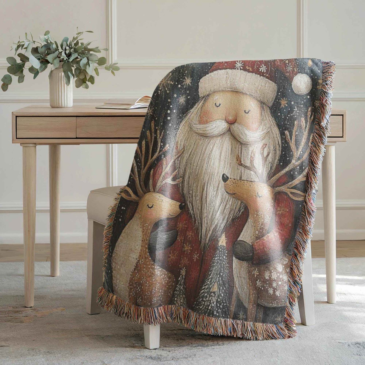 Christmas Woven Blanket – Santa Claus Throw with Fringed Edge, Cozy Holiday Bed Throw - timelessbohochic.com
