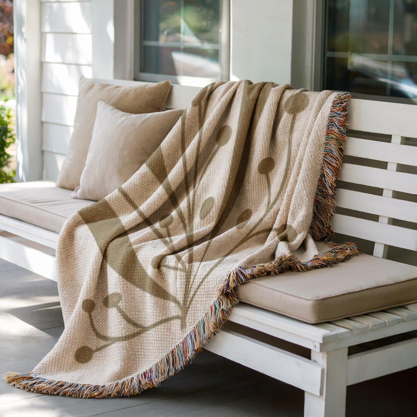 Mid Century Modern Throw Blanket - Linden Leaf Design Cotton Woven Throw for Garden Patio