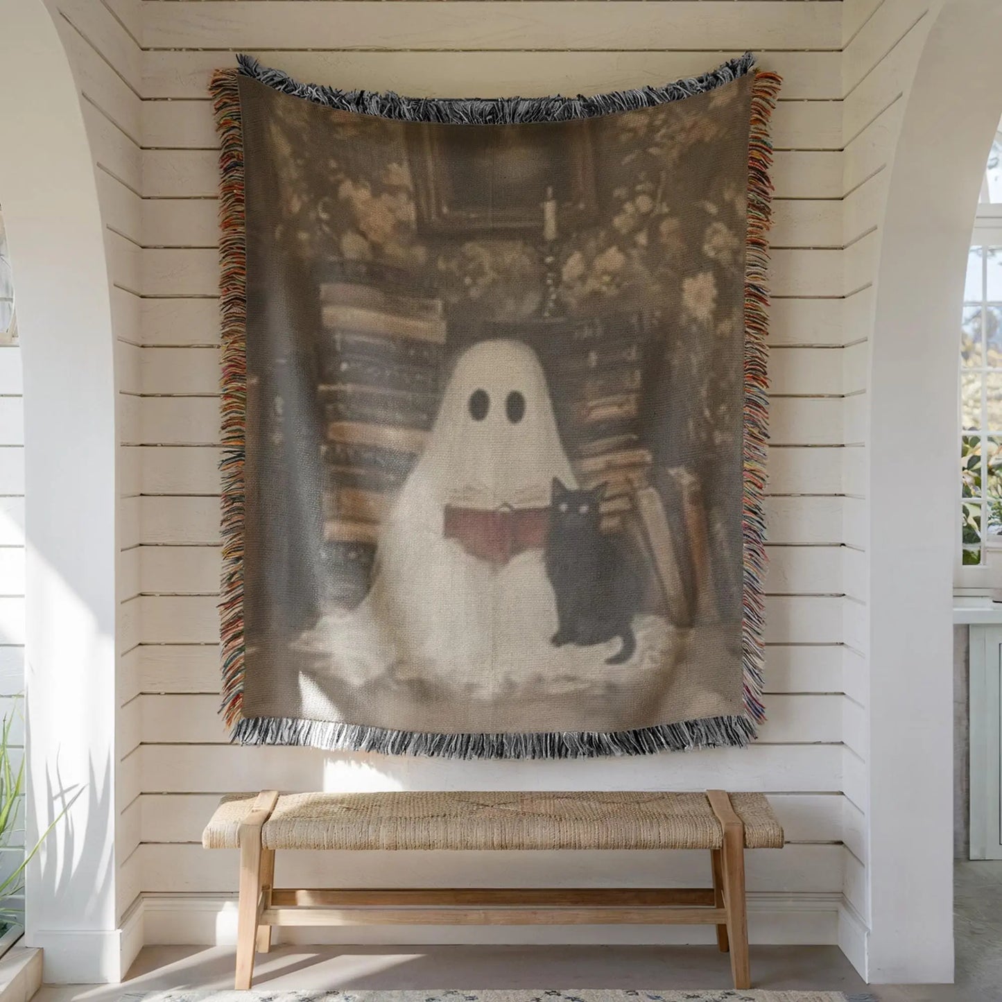 Ghost Cat Blanket – Cozy Throw With Cute Ghost Design | Warm Cotton Woven Blanket