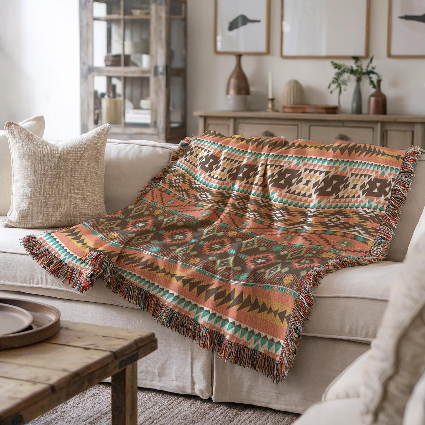 a cozy living room with a patterned throw blanket draped over a white couch, a wooden coffee table, and framed artwork on the walls.