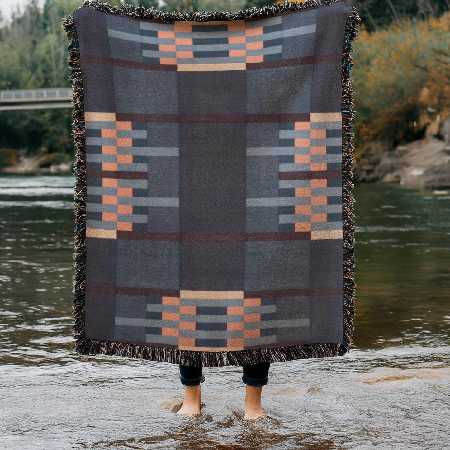 Cotton Woven Throw Blanket - Mid Century Modern Picnic & Patio Blanket with Colorful Fringed Edges - timelessbohochic.com