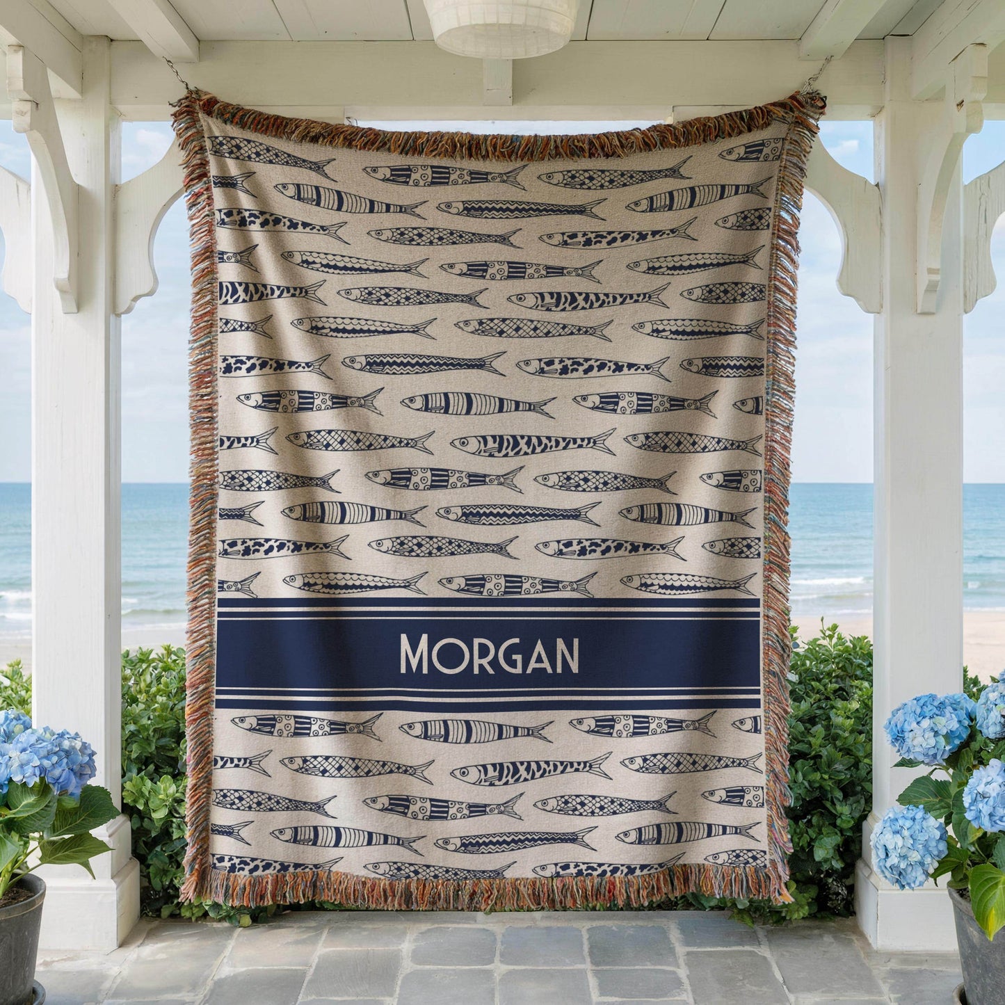 Custom Sardine Blanket | Soft Cotton Woven Throw, Personalized Beach Towel & Coastal Home Decor - timelessbohochic.com