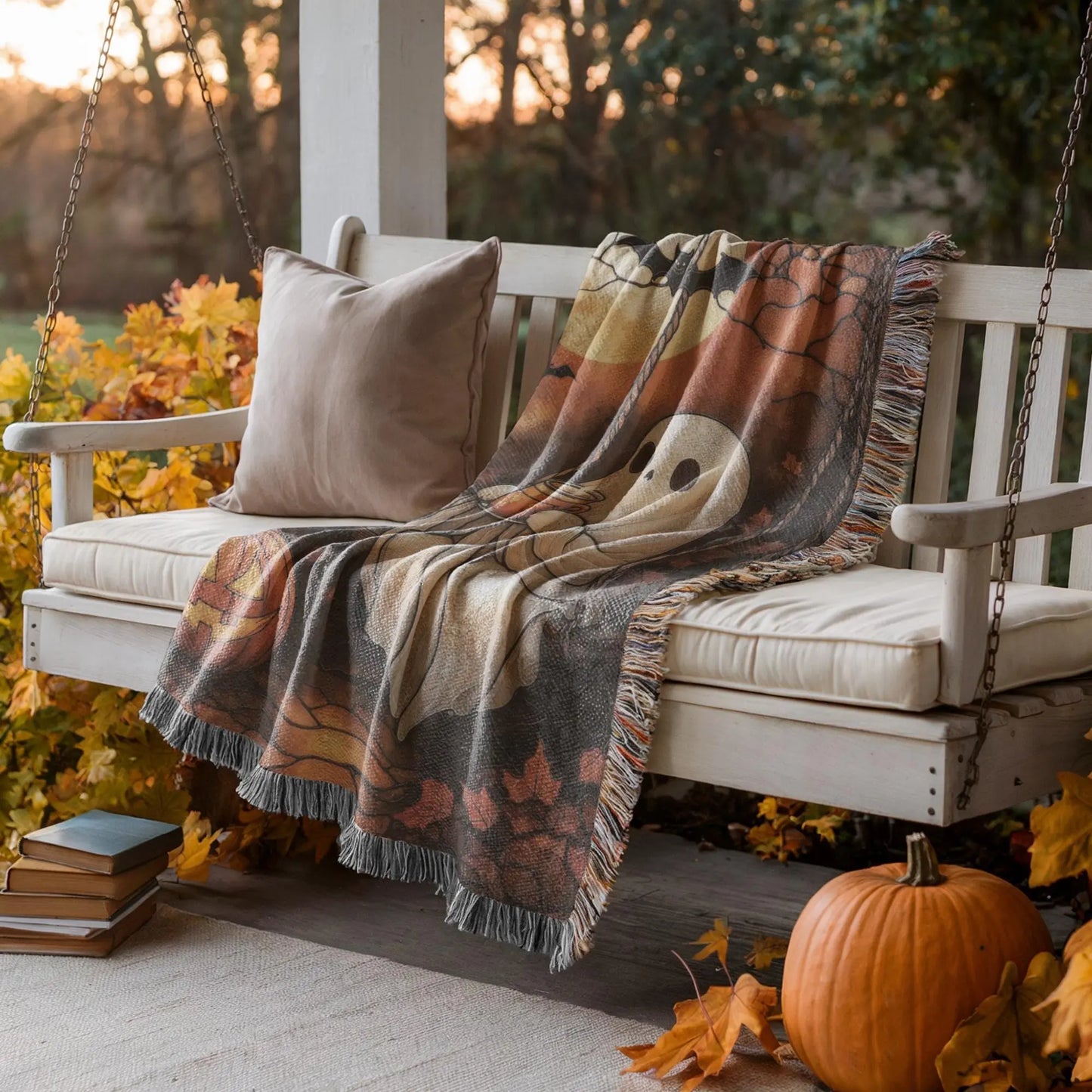 Halloween Throw Blanket - Cozy Woven Cotton Fabric Lap Blanket With Pumpkin Moon Design