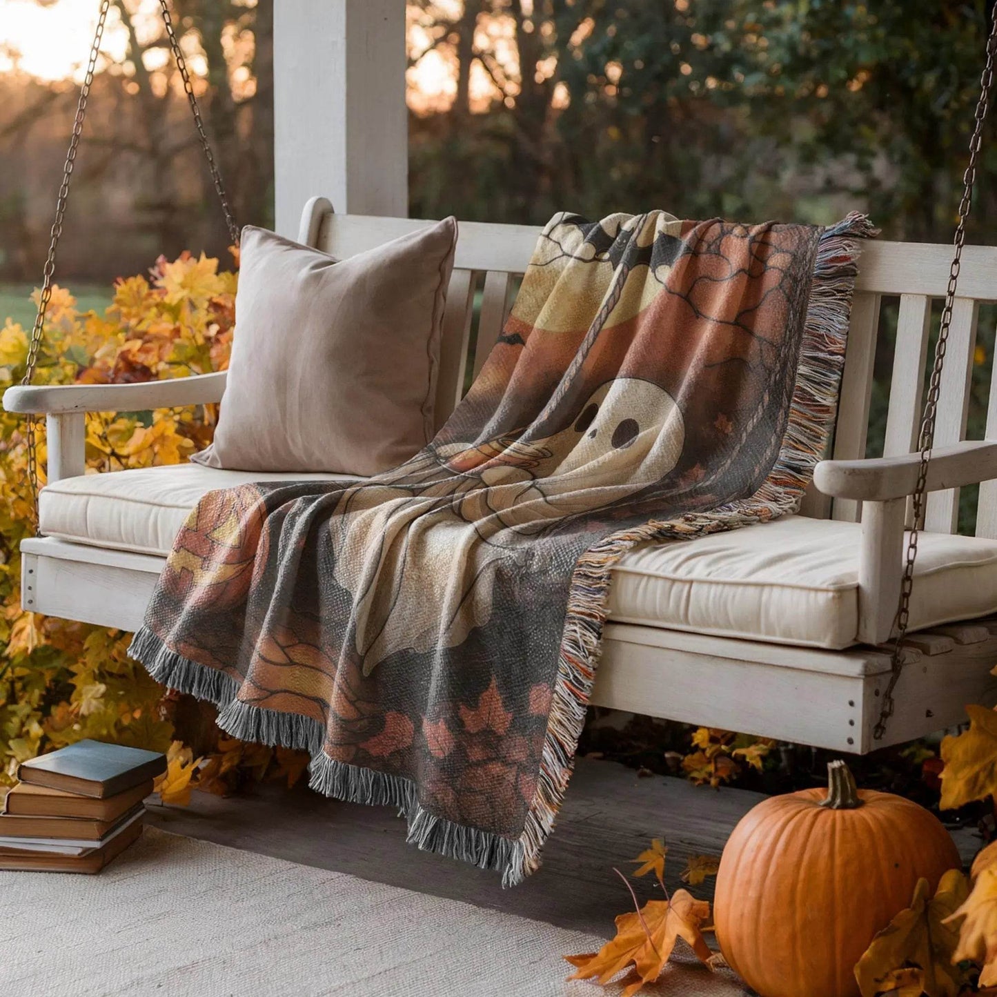 Halloween Throw Blanket - Cozy Woven Cotton Fabric Lap Blanket Featuring Pumpkin Moon Design - timelessbohochic.com