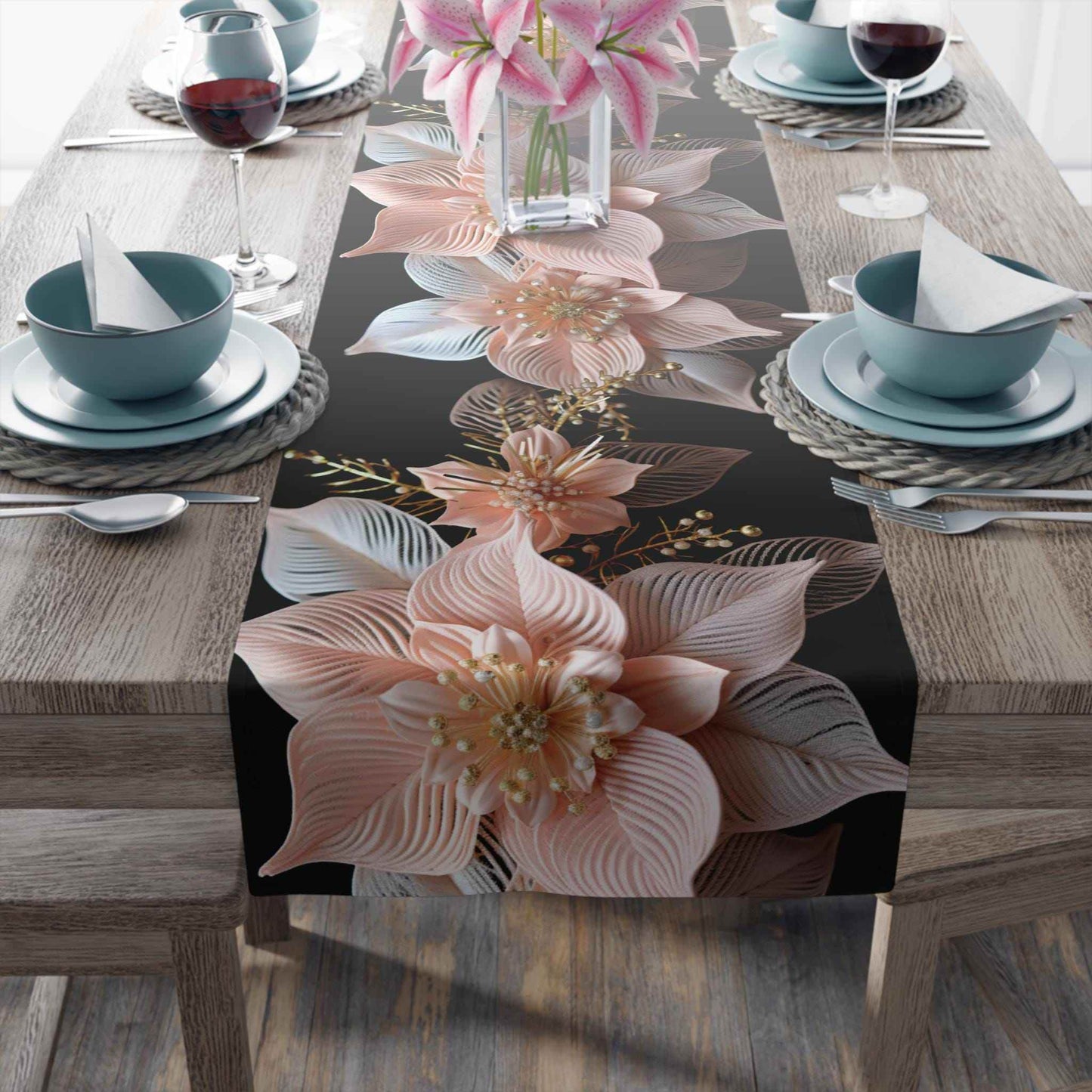 Poinsettia Table Runner | Christmas Table Decor - Soft Fabric Runner & Festive Accent - timelessbohochic.com
