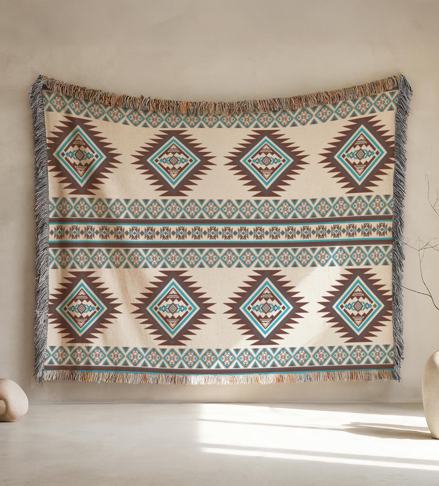 a large, colorful, and intricate blanket hanging on a wall.
