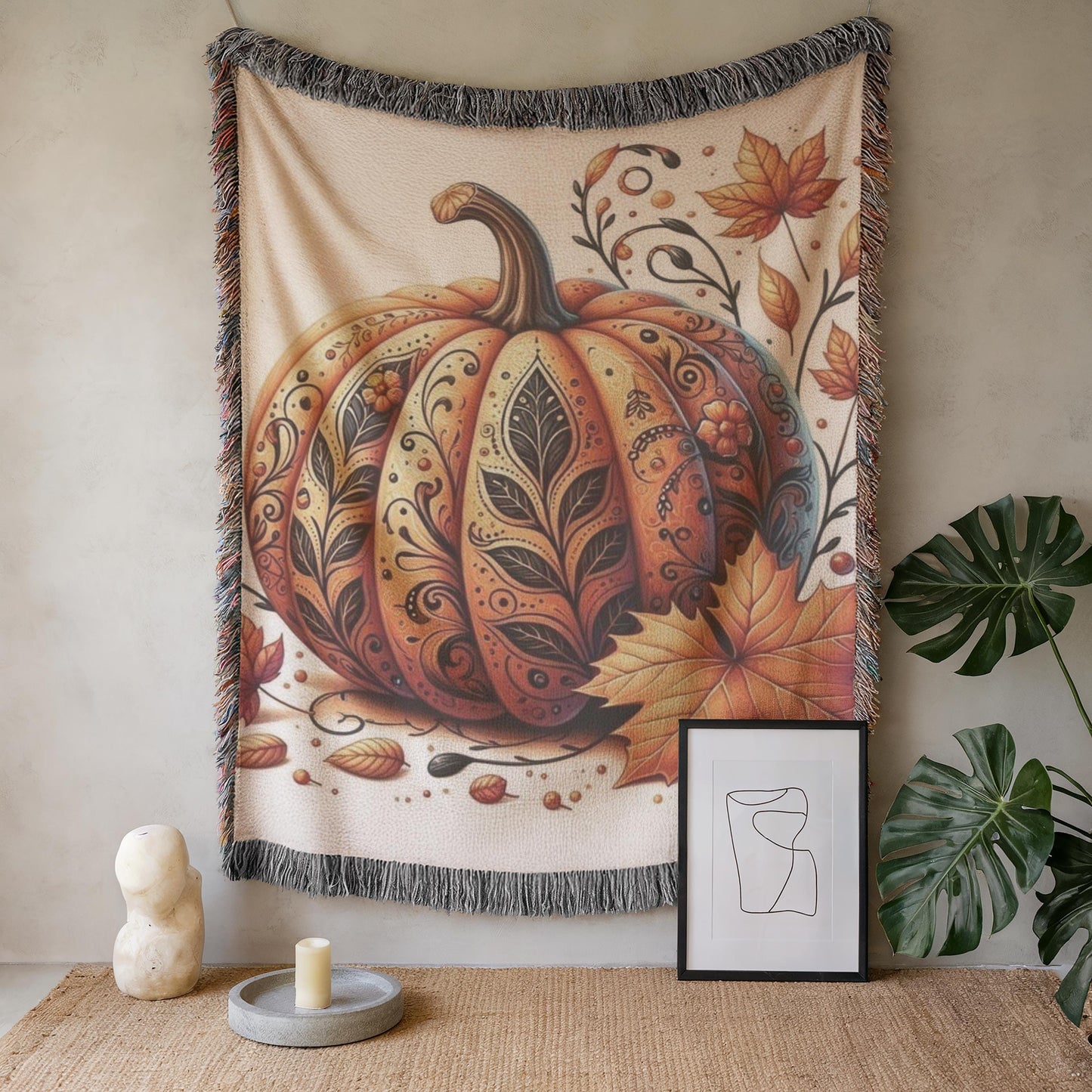 Thanksgiving Throw Tapestry - Pumpkin Wall Art | Cozy Fall Home Decor