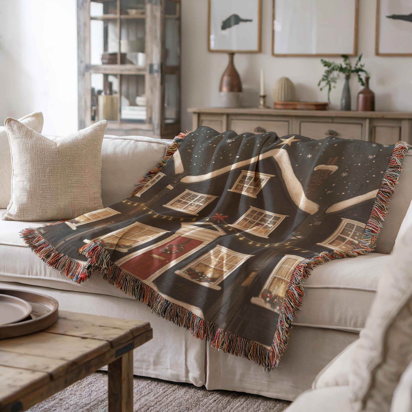 Christmas Throw Blanket – Cozy Woven Cotton Holiday Village Design Blanket - timelessbohochic.com