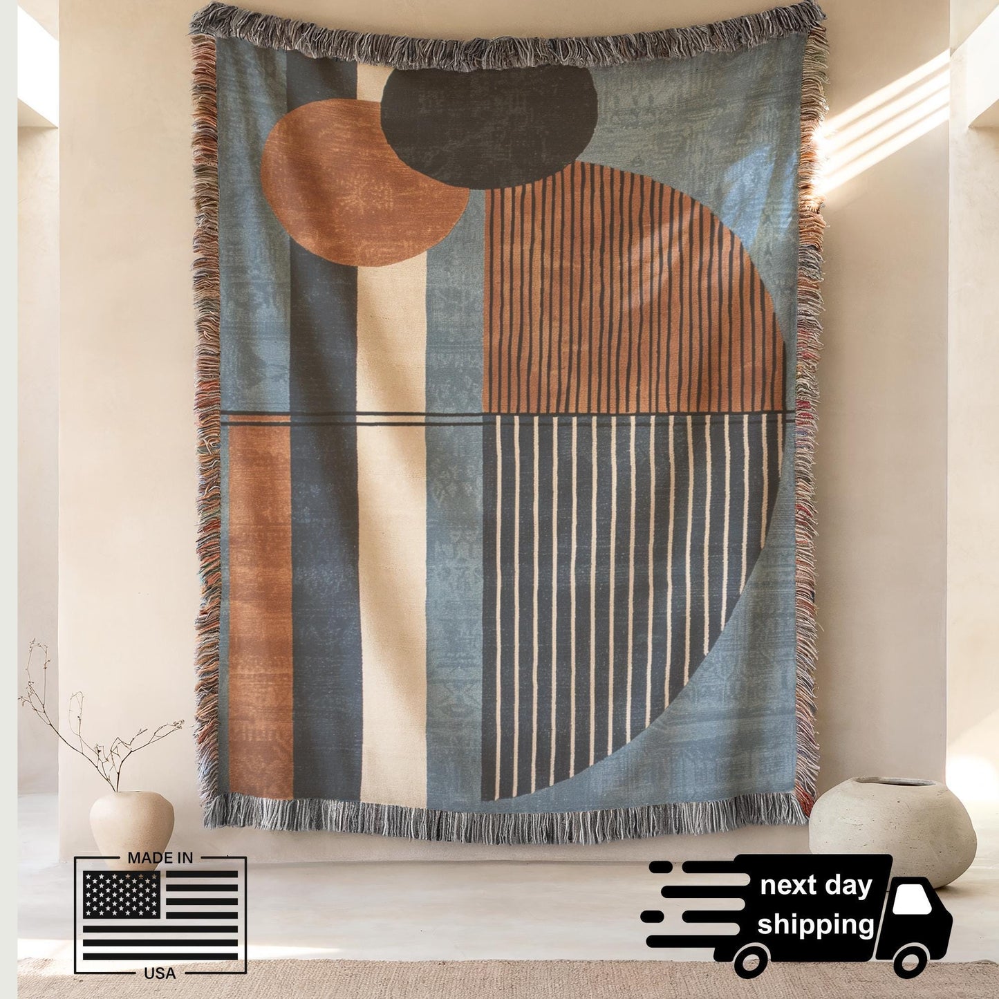 Woven Cotton Blanket - Modern MCM Blue Rust Brown Throw with Colorful Fringed Edges