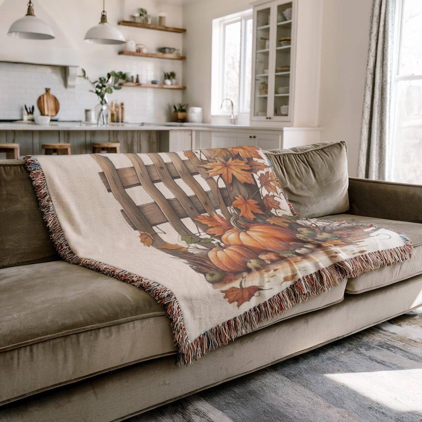 Thanksgiving Couch Blanket, Fall Leaves Sofa Throw, Harvest Season Cover, Cotton Woven Throw, Warm Farmhouse Decor, Thanksgiving Gift Idea