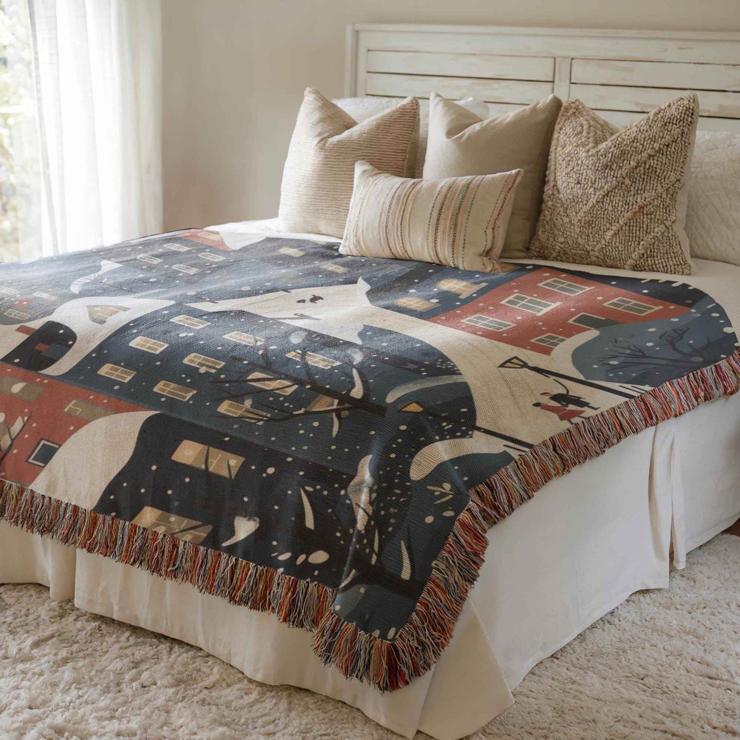 Xmas Village Throw Blanket – Cozy Cotton Woven Holiday Decor with Fringed Edges - timelessbohochic.com