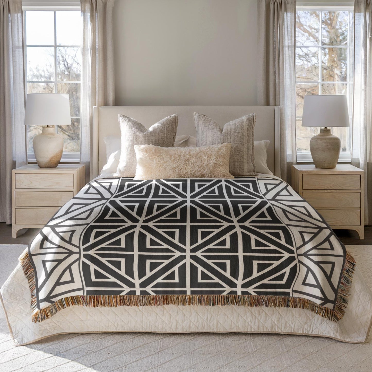 Cotton Woven Blanket – Turkish Quilt Bed With Colorful Fringed Edges, Queen Size