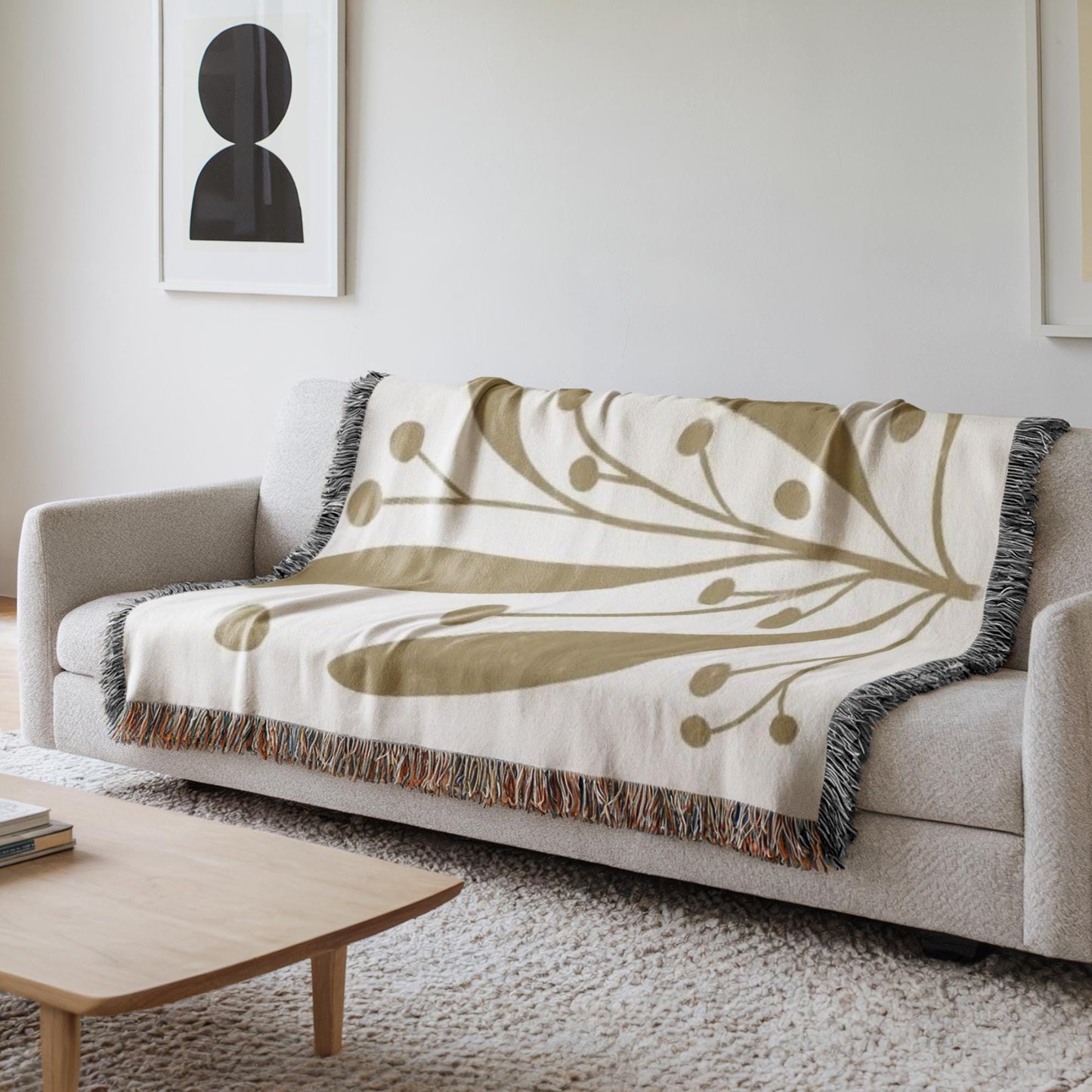 Mid Century Modern Blanket - Woven Cotton Throw With Botanical Pattern & Colorful Fringed Edges