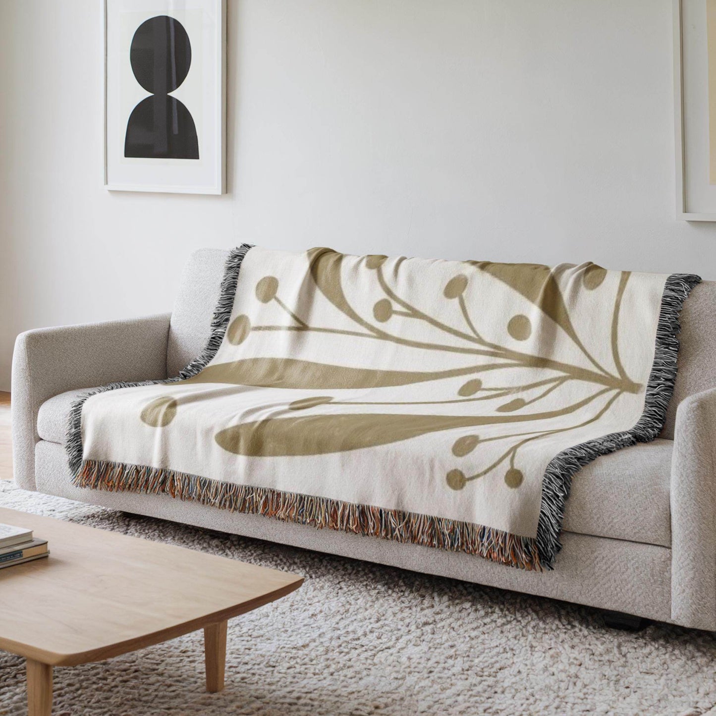 Mid Century Modern Blanket - Woven Cotton Throw With Botanical Pattern & Colorful Fringed Edges - timelessbohochic.com