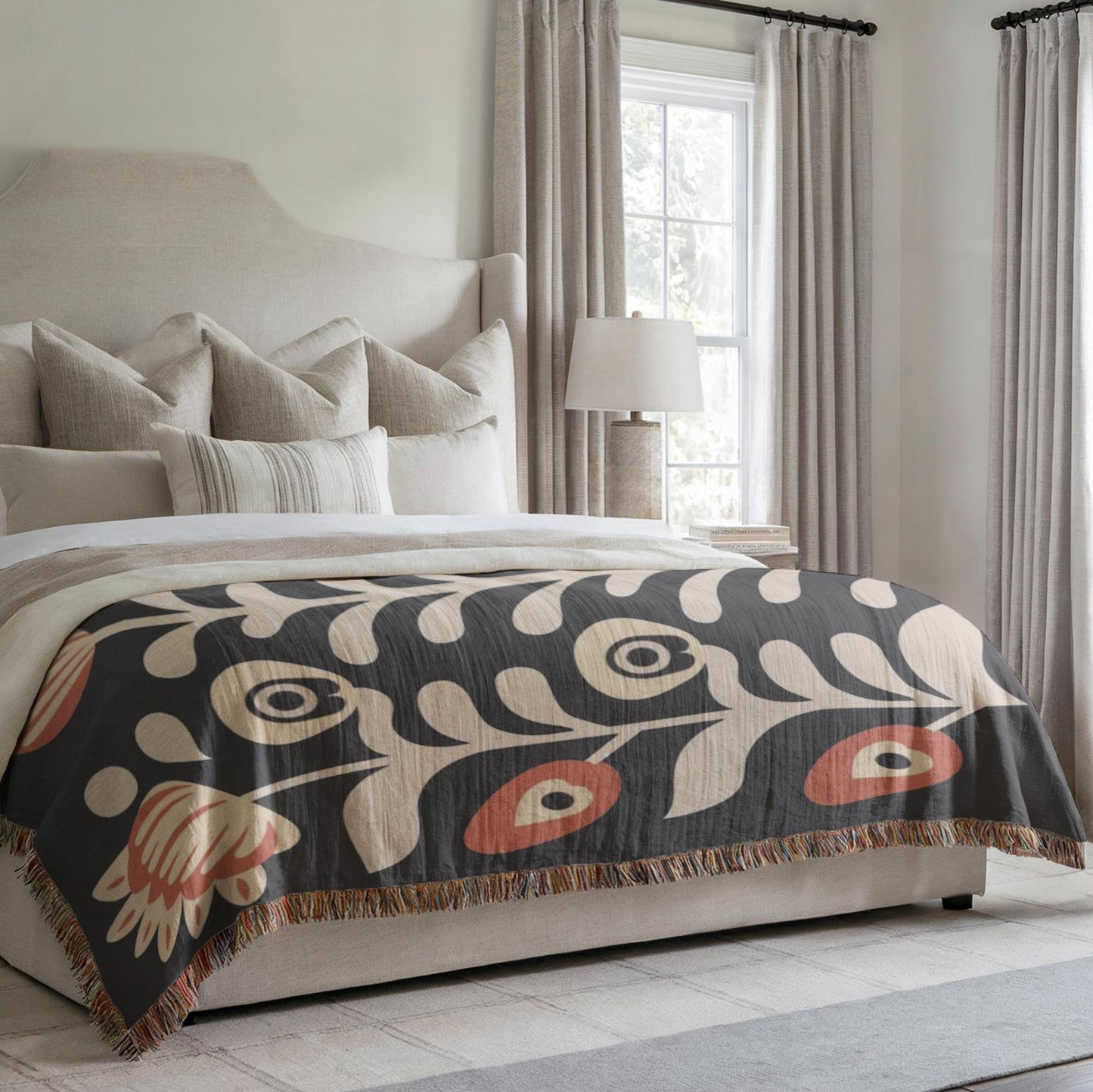 Boho Chic Blanket - Artistic Floral Cotton Woven Throw, Cozy Bedroom Accent & Housewarming Gift