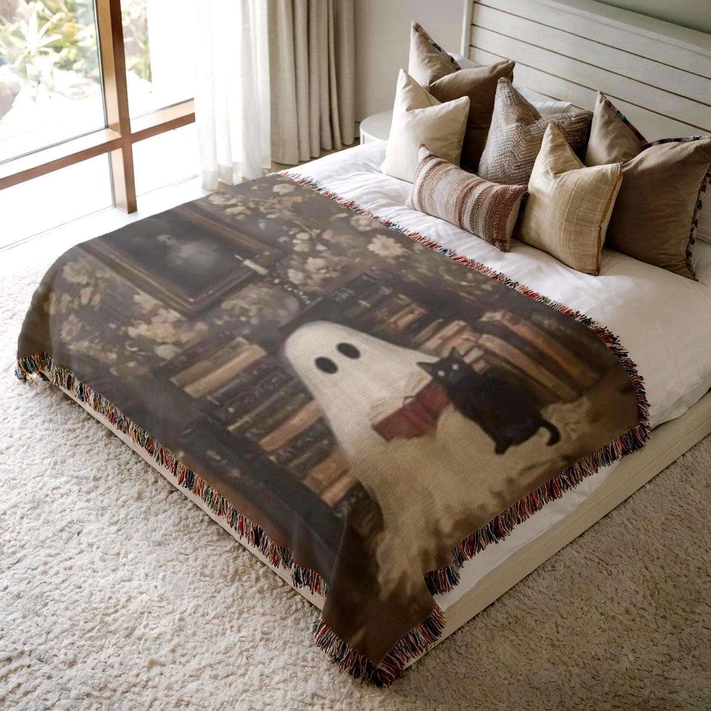 Ghost Book Cat Blanket – Soft Cotton Throw With Fringed Edges, Cozy Reading Nook Decor