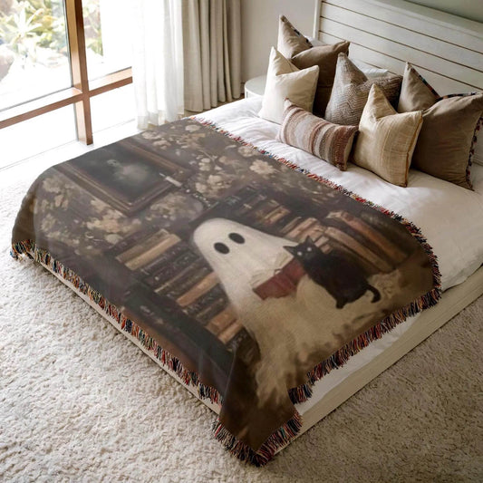 Ghost Book Cat Blanket – Soft Cotton Throw With Fringed Edges, Cozy Reading Nook Decor - timelessbohochic.com
