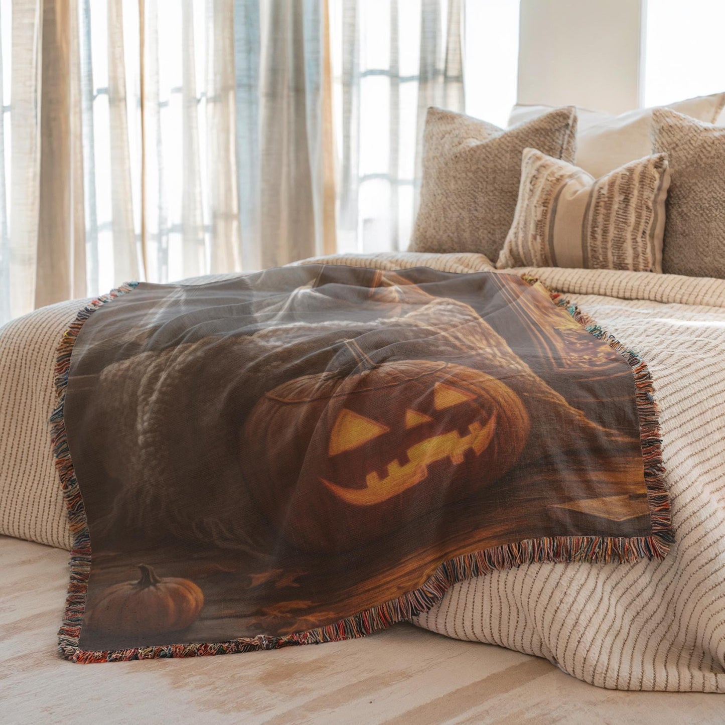 Ghost Woven Blanket – Cozy Fall Cotton Throw with Black Cat Pumpkin Design
