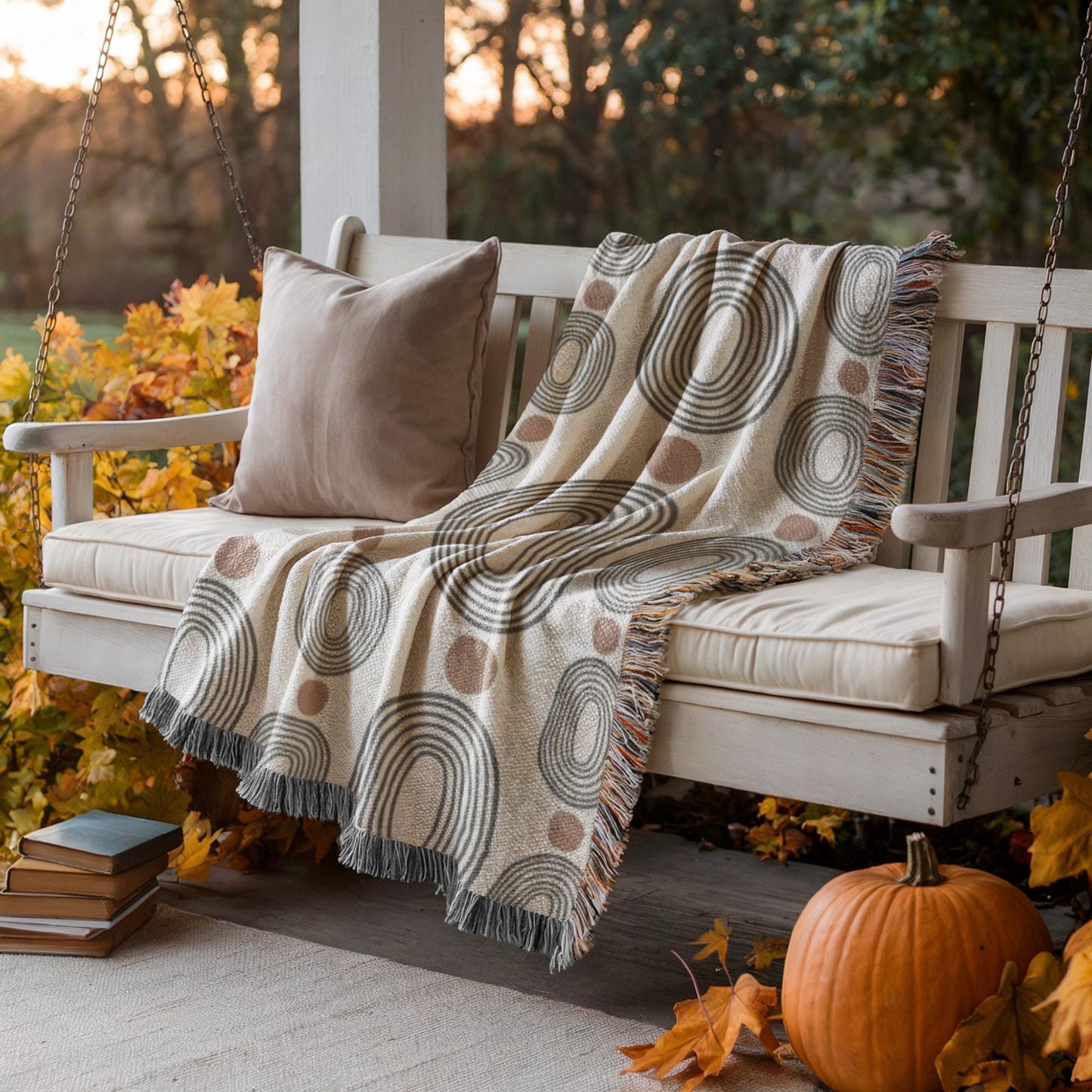 Modern Woven Blanket – Black Ovals Rust Dots | Mid Century Tapestry Throw
