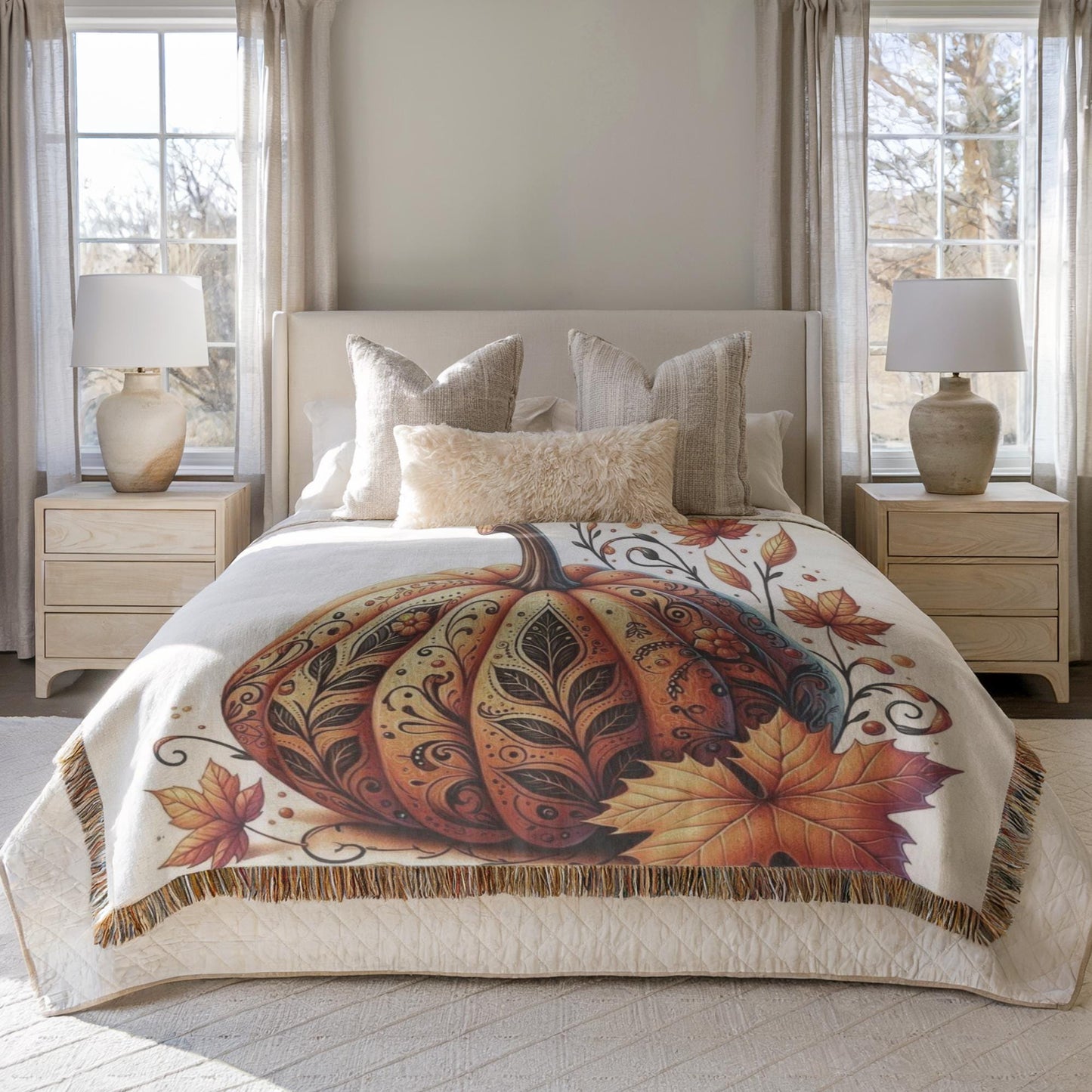 Thanksgiving Pumpkin Blanket - Cozy Cotton Woven Throw With Fringed Edges