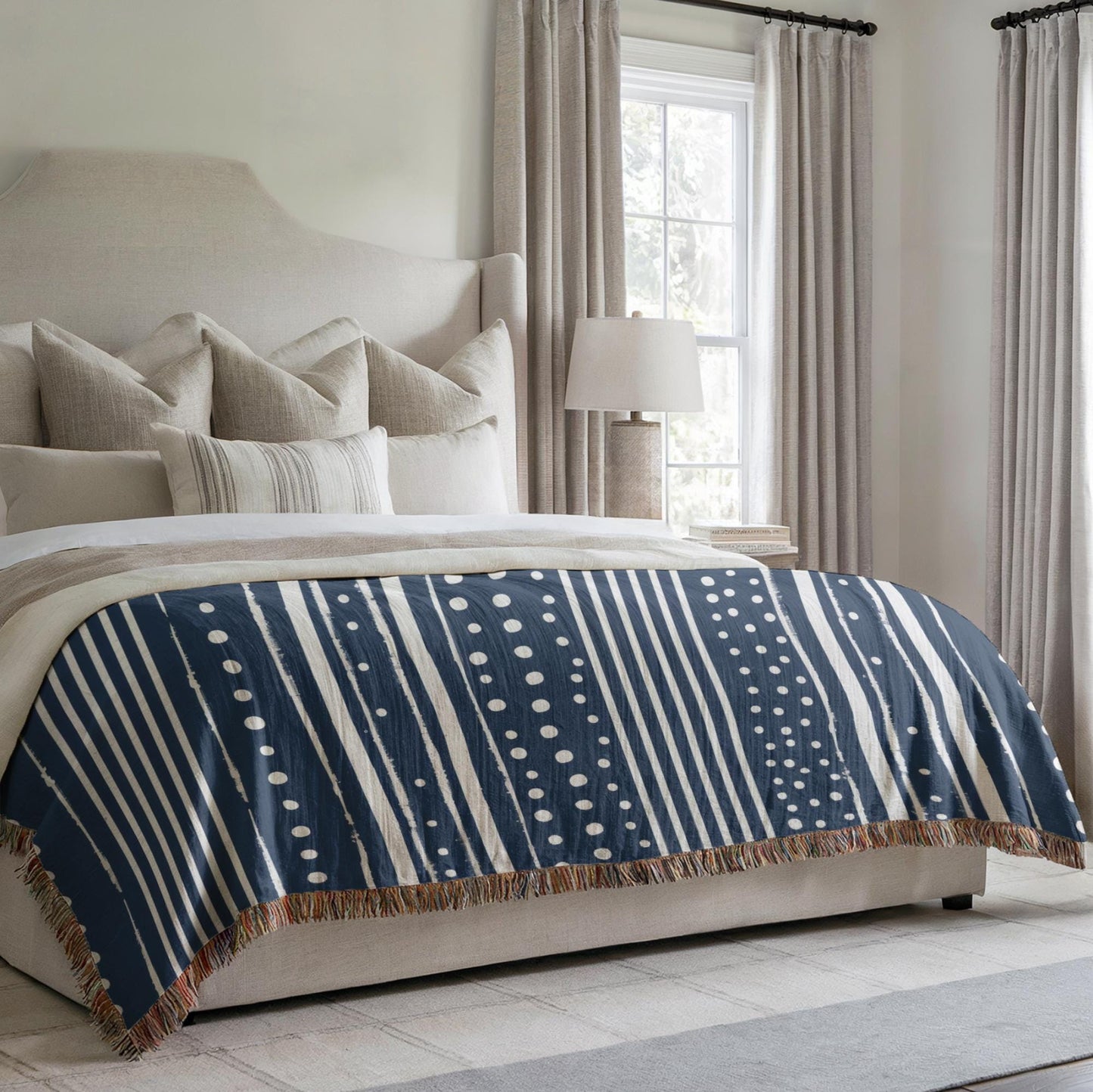 Cotton Throw Blanket – Woven Couch Throw With Blue & White Dots Pattern