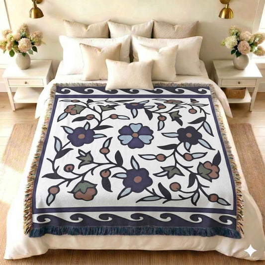 Anatolian Inspired woven blanket with woven pattern styled for layered home decor