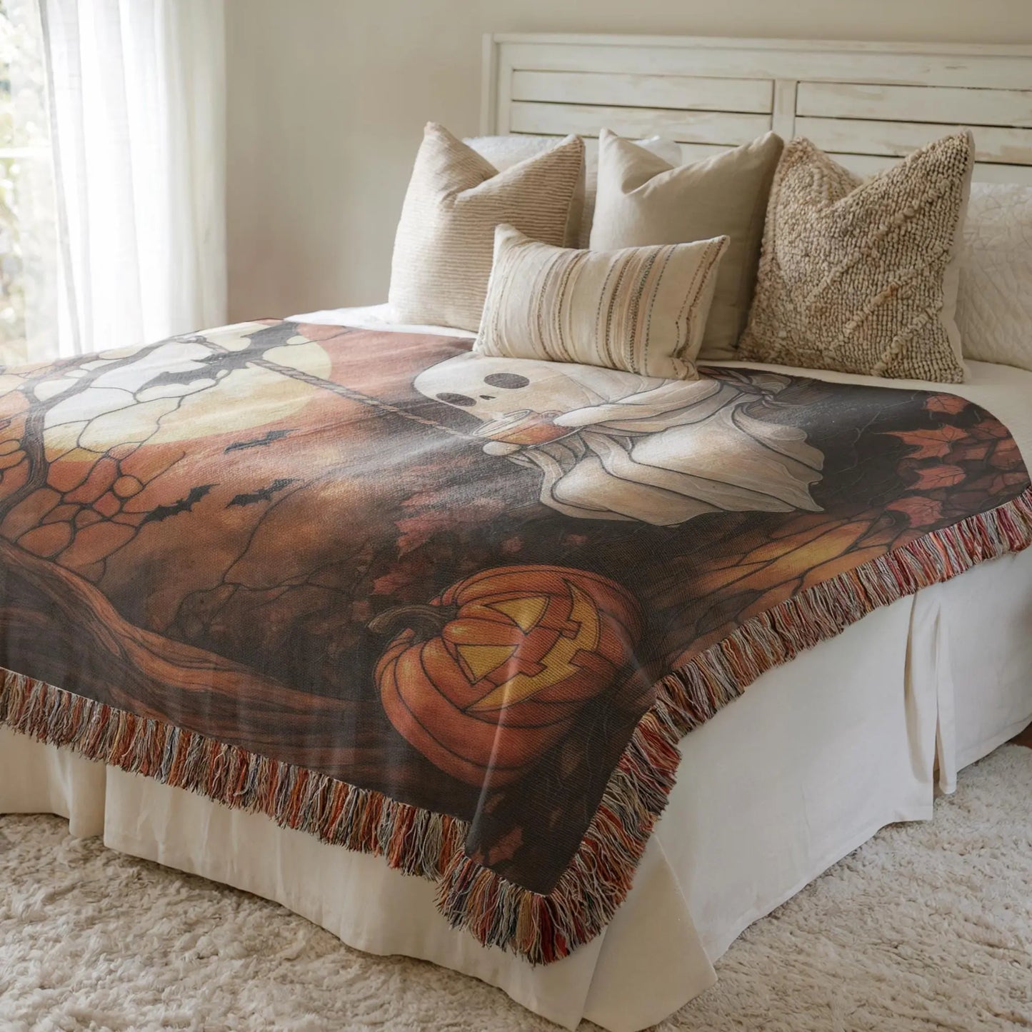 Woven Ghost Blanket – Cozy Throw Blanket with Pumpkin Moon Design | Spooky Home Decor