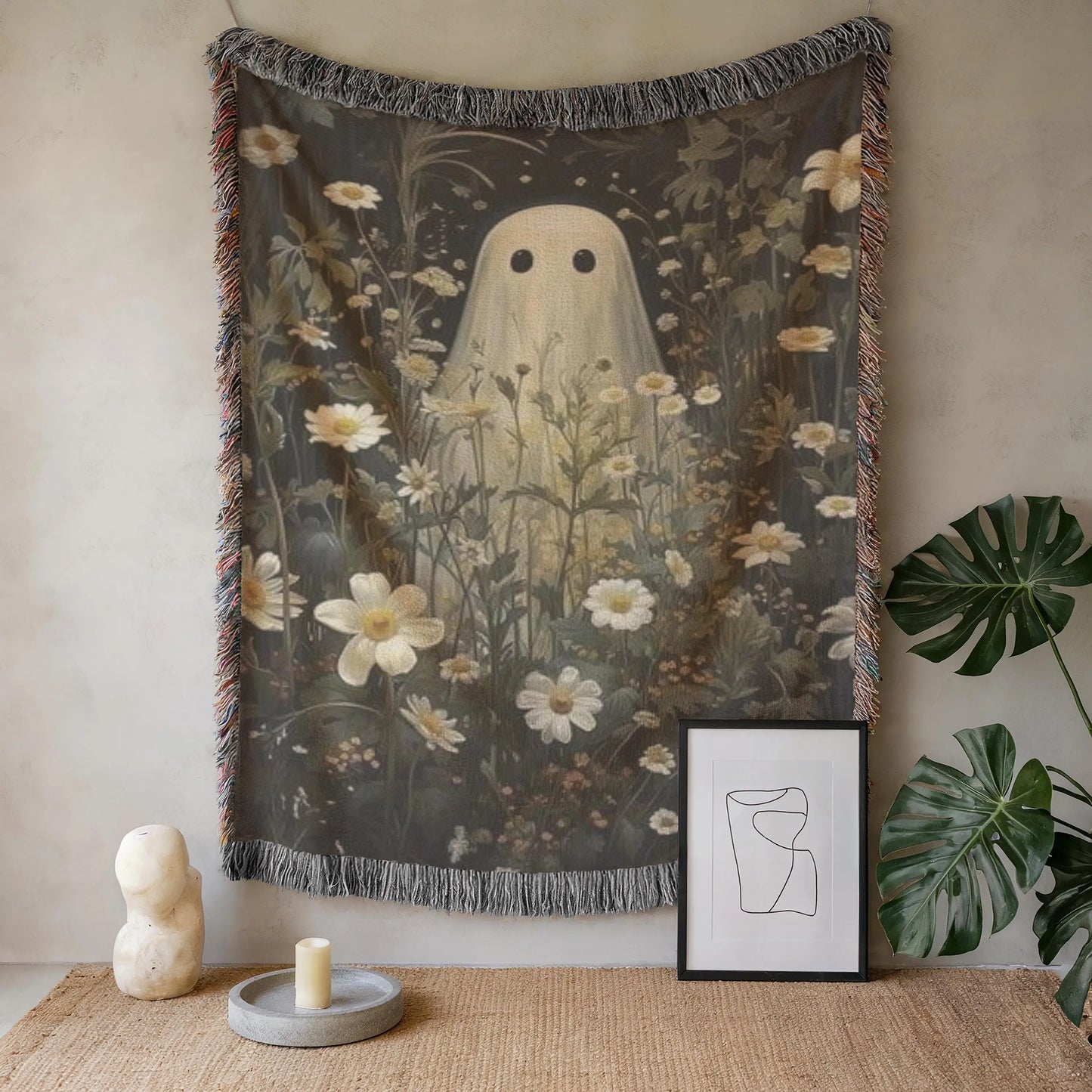 Woven Ghost Tapestry - Boho Gothic Throw With Floral Wildflower Decor