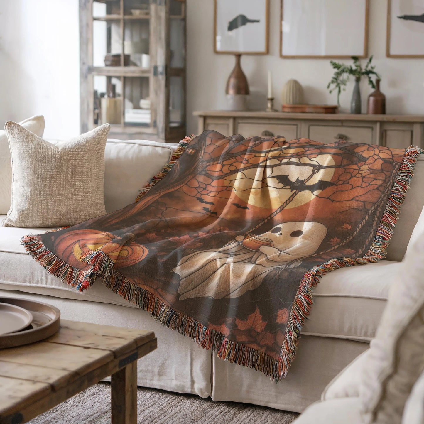 Moon Ghost Blanket - Cozy Halloween Throw Blanket With Pumpkin & Bat Design