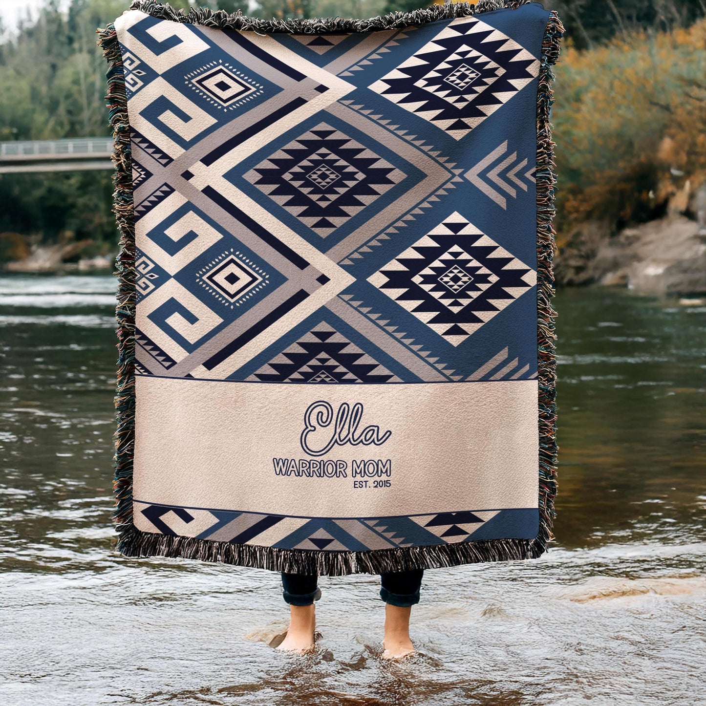 Personalized Woven Blanket – Aztec Pattern Throw | Outdoor Picnic Blanket with Colorful Fringed Edges