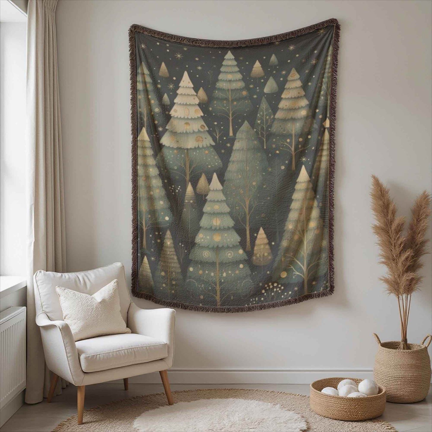 Festive Forest Wall Tapestry – Woven Cotton Blanket with Christmas Trees & Fringed Edges - timelessbohochic.com