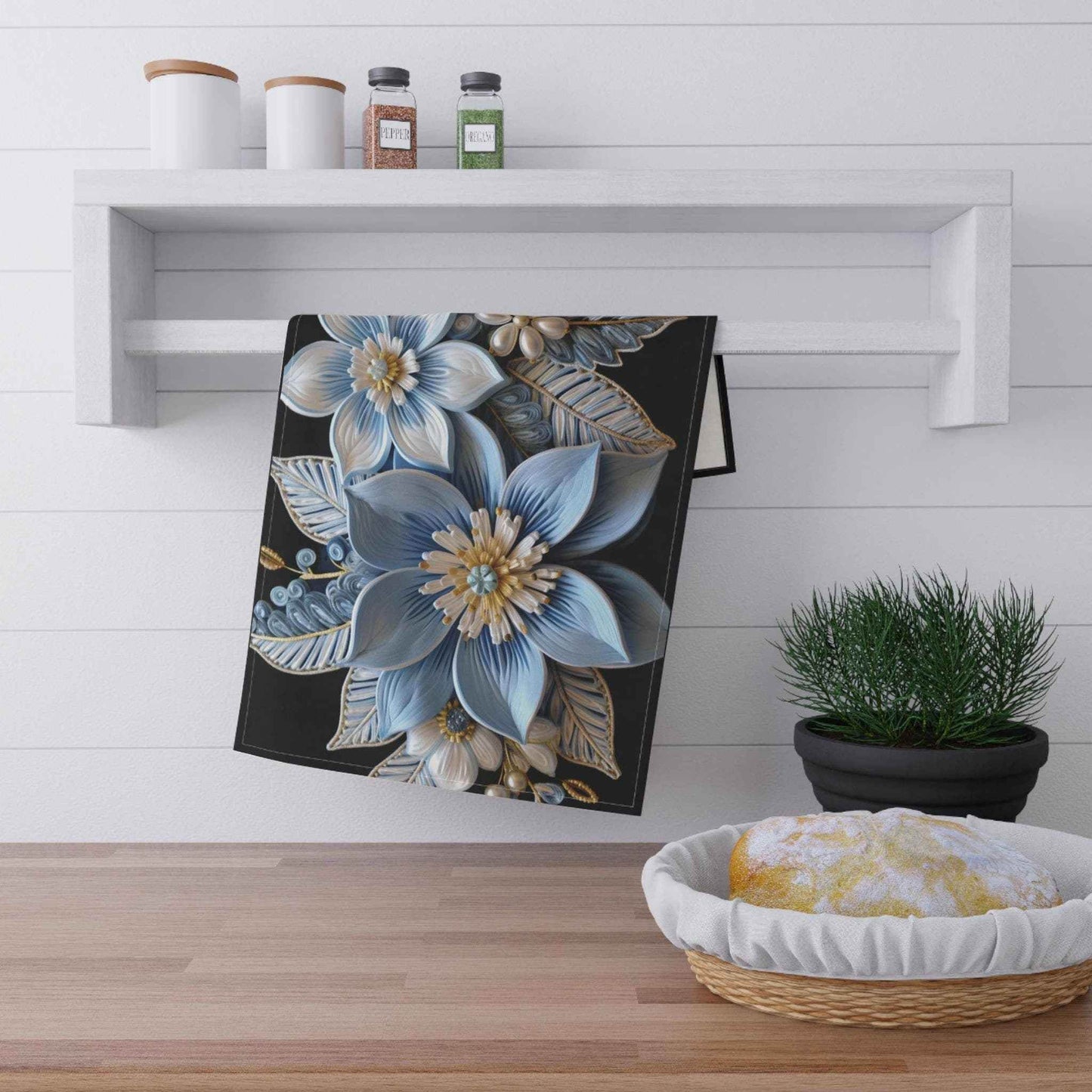 Poinsettia Tea Towel - Pale Blue Floral Holiday Kitchen Decor | Soft Absorbent Cotton - timelessbohochic.com
