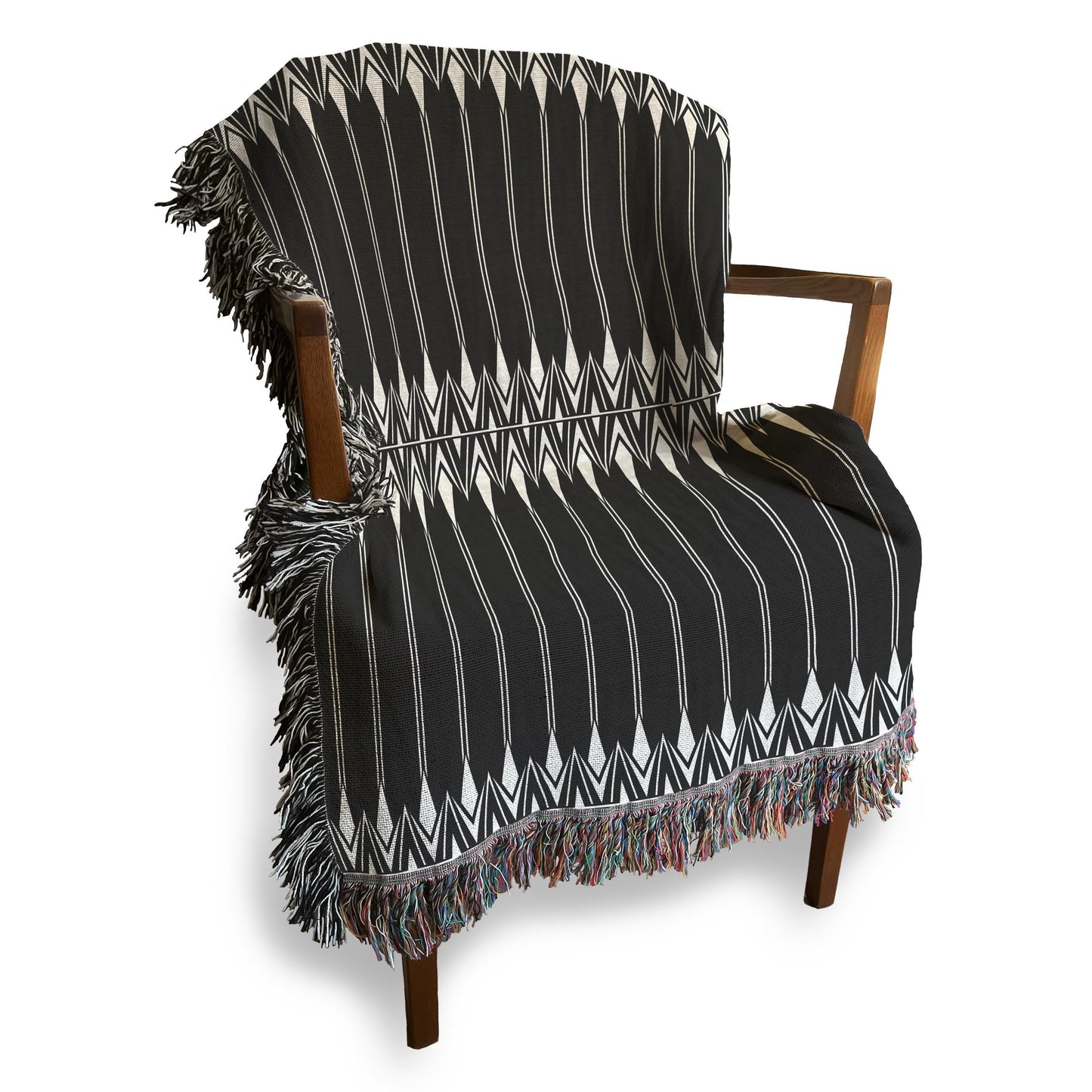 Cotton Blanket - Boho Couch Throw With Striped Woven Coverlet & Colorful Fringed Edges