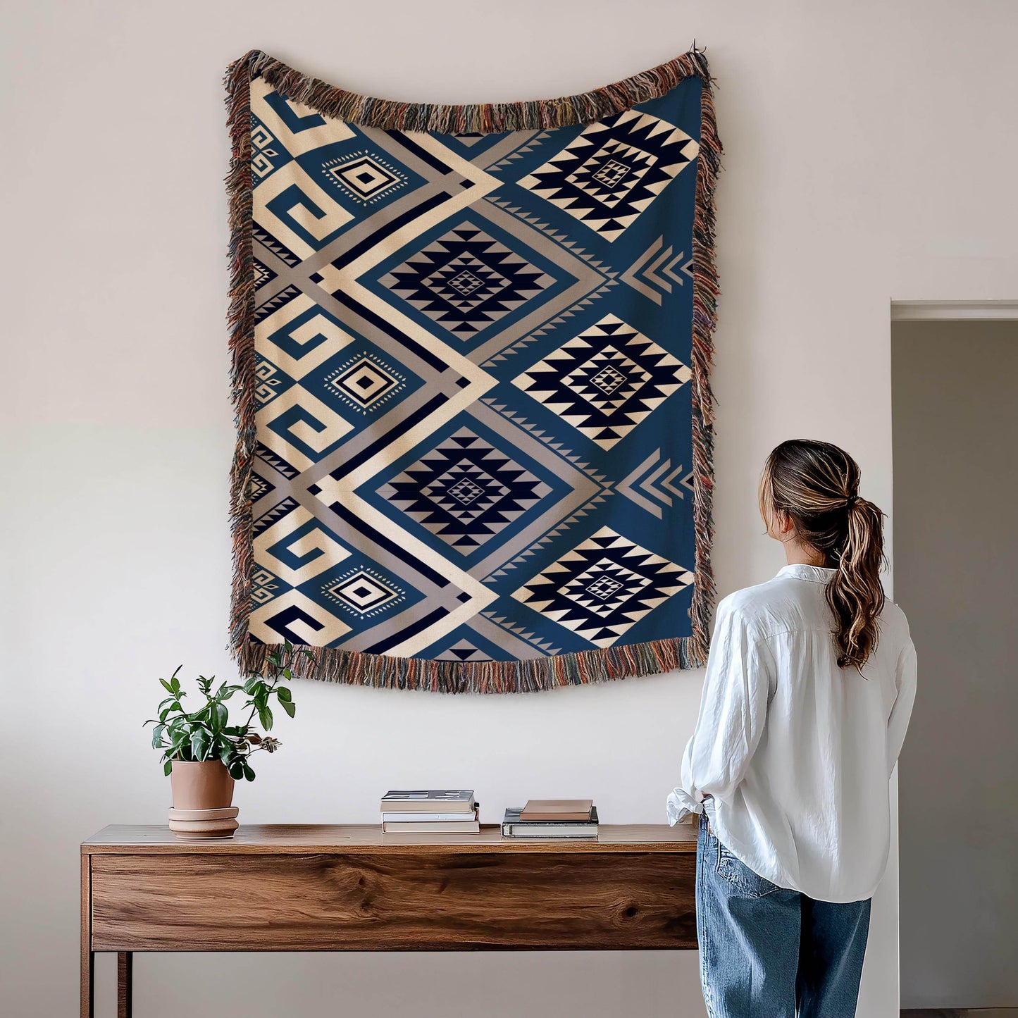 Aztec Cotton Blanket - Boho Desk Accent with Colorful Fringed Edges and Geometric Tribal Design - timelessbohochic.com