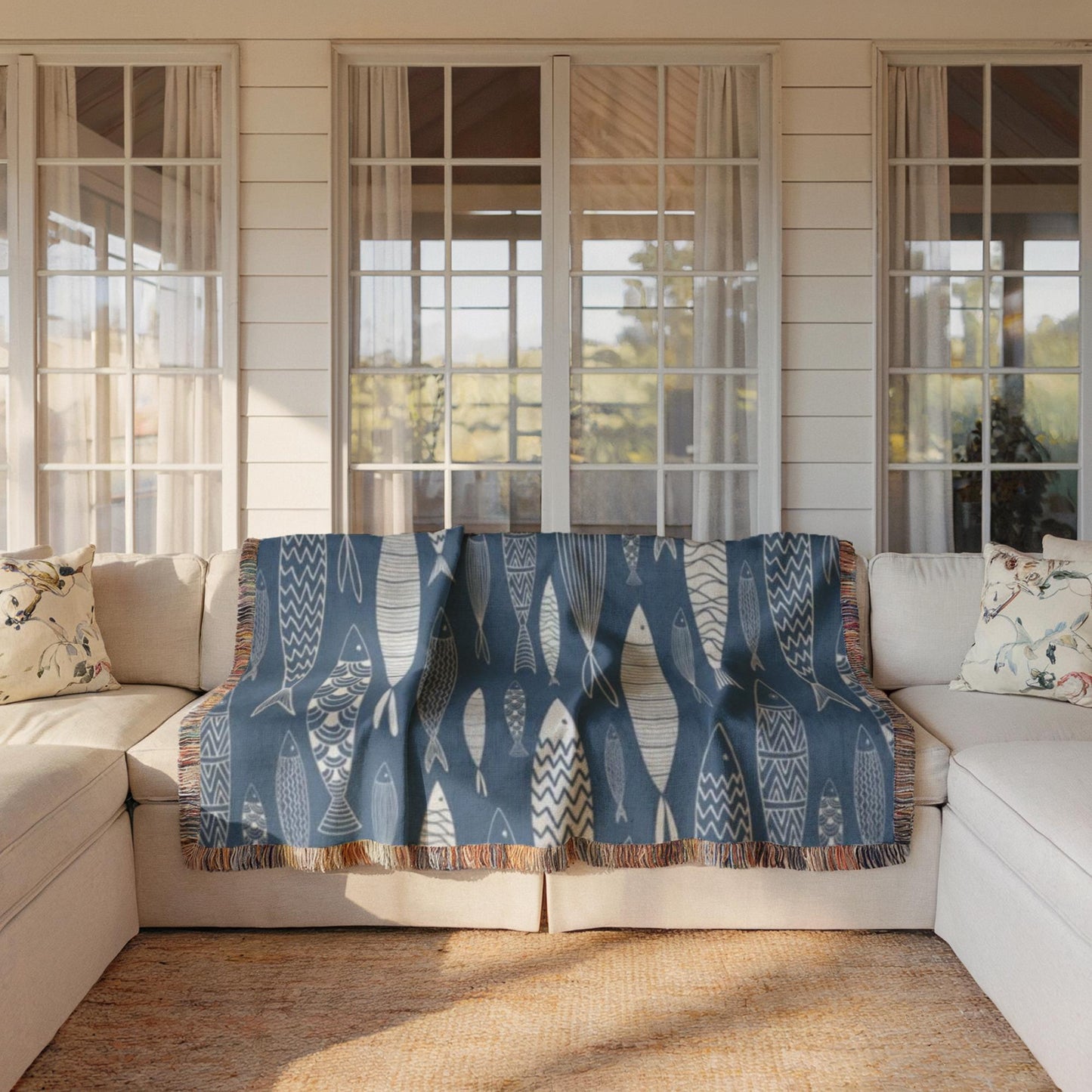 Nautical Blanket – Marine Woven Throw With Striped Fish Design | Coastal Beach Decor