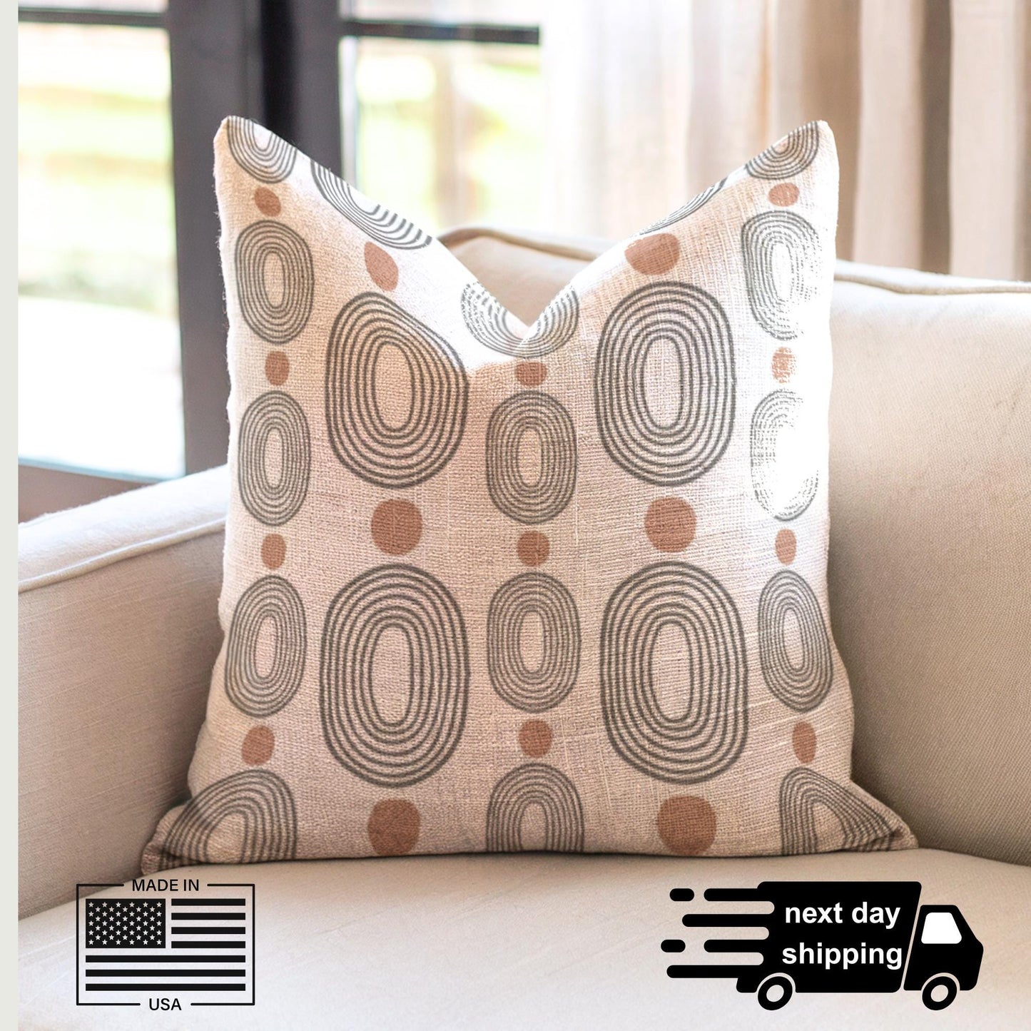 Woven Decorative Pillow - Modern Boho Throw Pillow with Black Ovals & Rust Dots