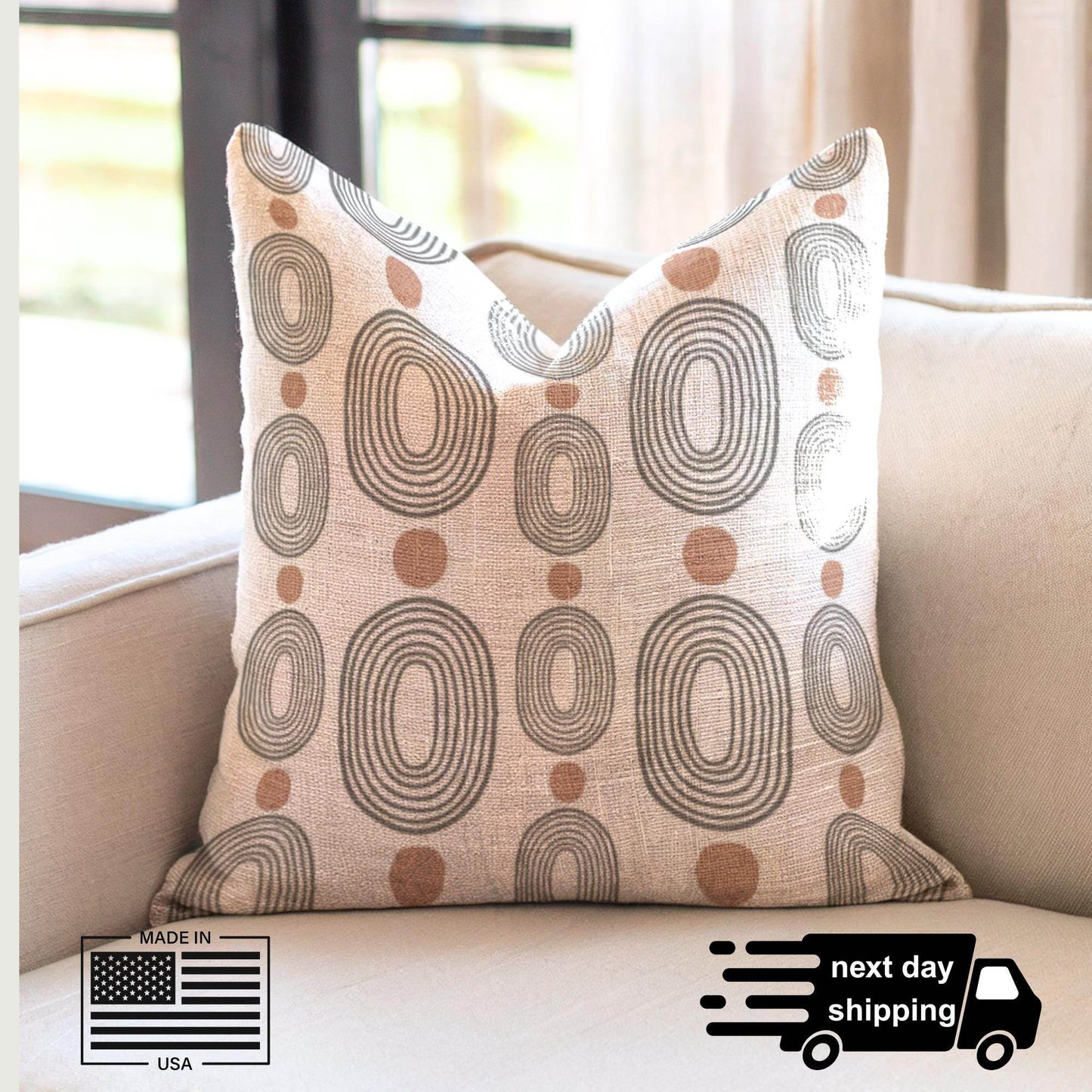 Woven Decorative Pillow - Modern Boho Throw Pillow with Black Ovals & Rust Dots - timelessbohochic.com