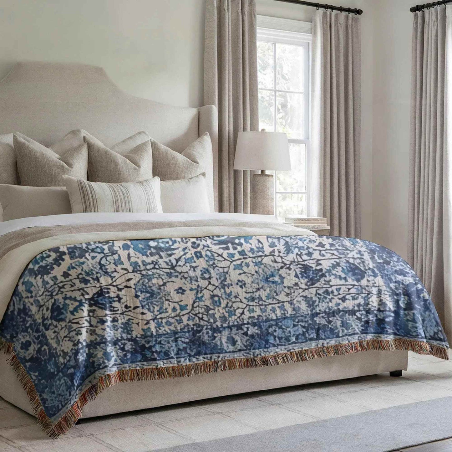Cotton Throw Blanket - Woven Persian Pattern Rug with Fringed Edge, Soft Cozy - timelessbohochic.com