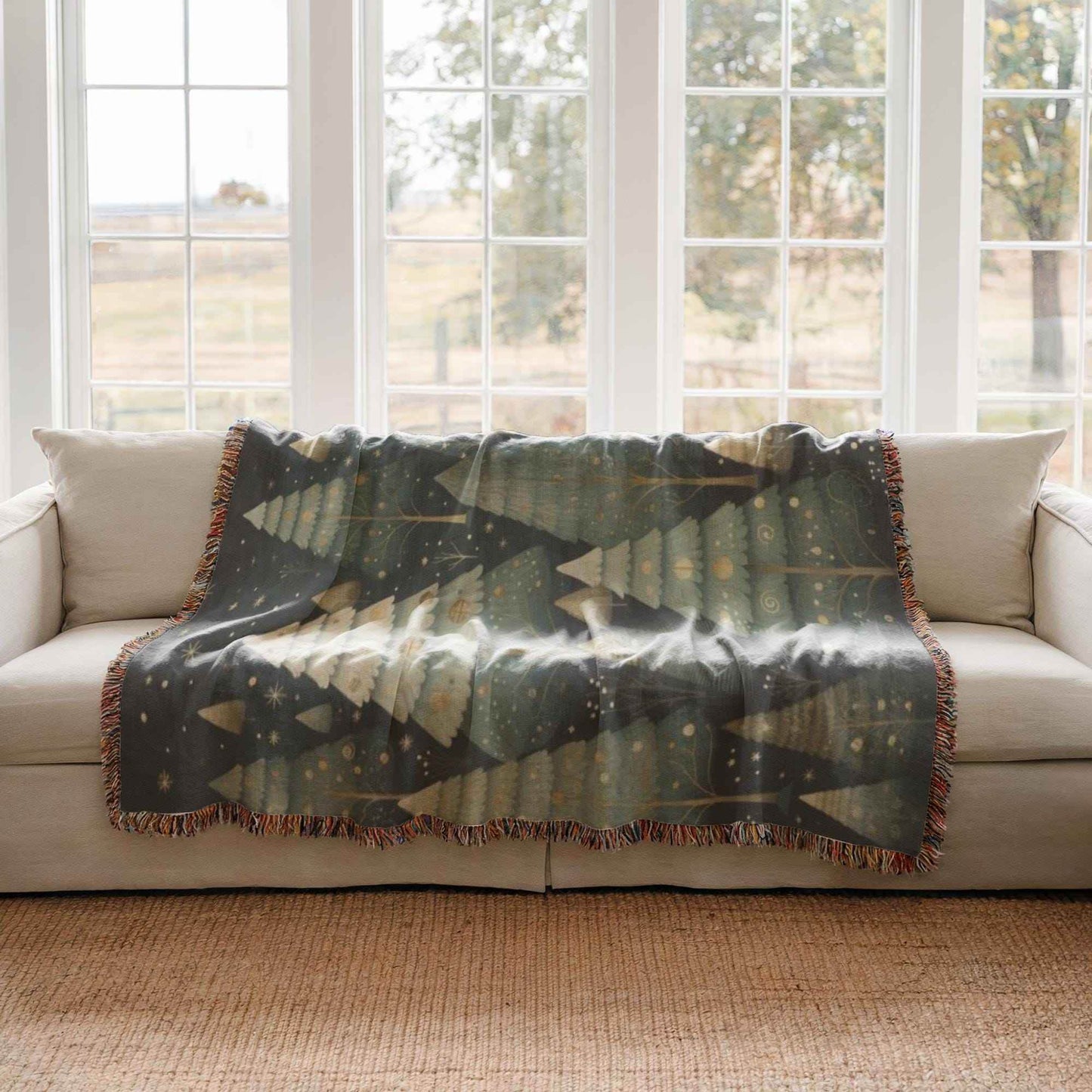 Woven Christmas Blanket - Cotton Holiday Throw With Festive Forest Design & Fringed Edges - timelessbohochic.com