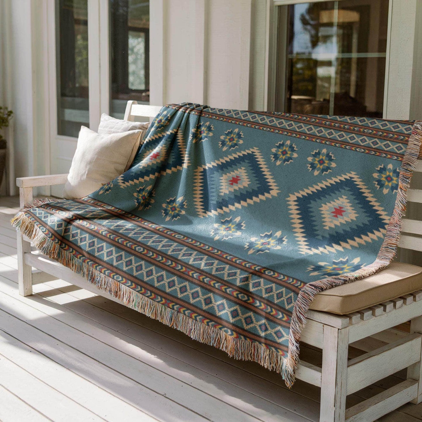 Navajo Woven Blanket – Southwestern Throw | Cotton Picnic Blanket With Fringed Edges - timelessbohochic.com
