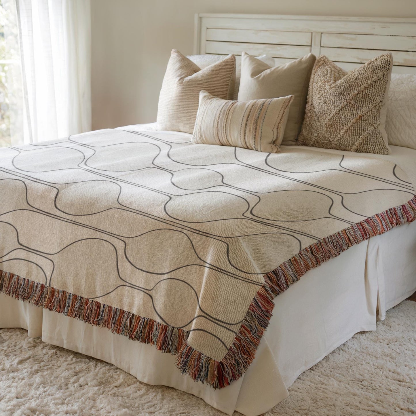 Mid Century Modern Throw - Woven Cotton Blanket With Geometric Pattern & Colorful Fringed Edges